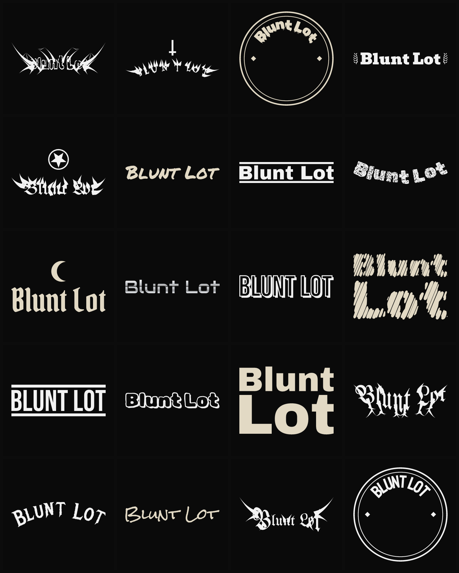Twenty Blunt Lot band logo ideas — different faces, treatments and spike settings