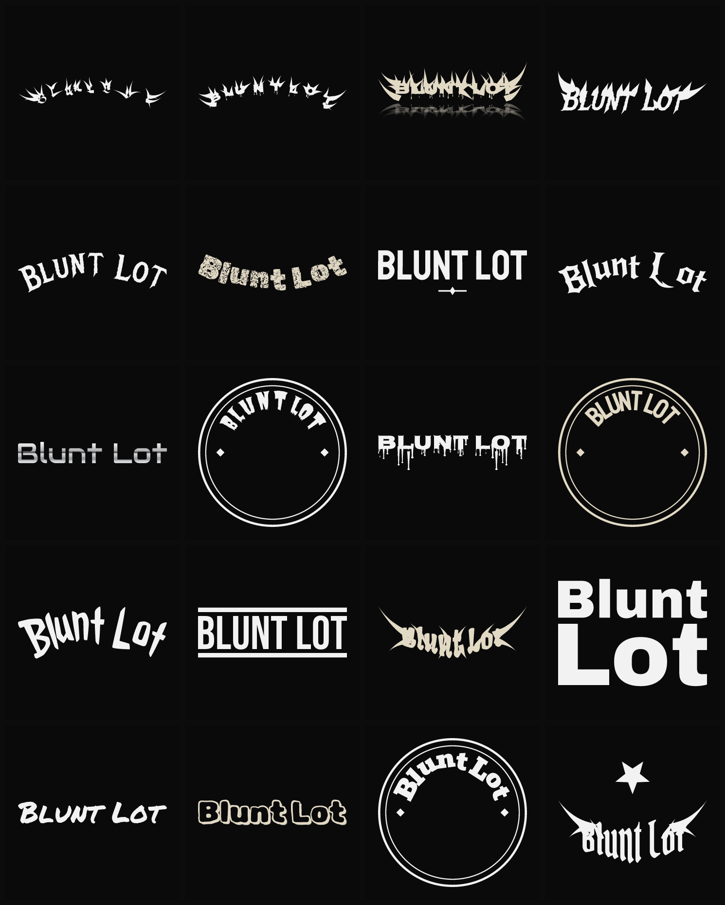 Twenty Blunt Lot band logo ideas — different faces, treatments and spike settings