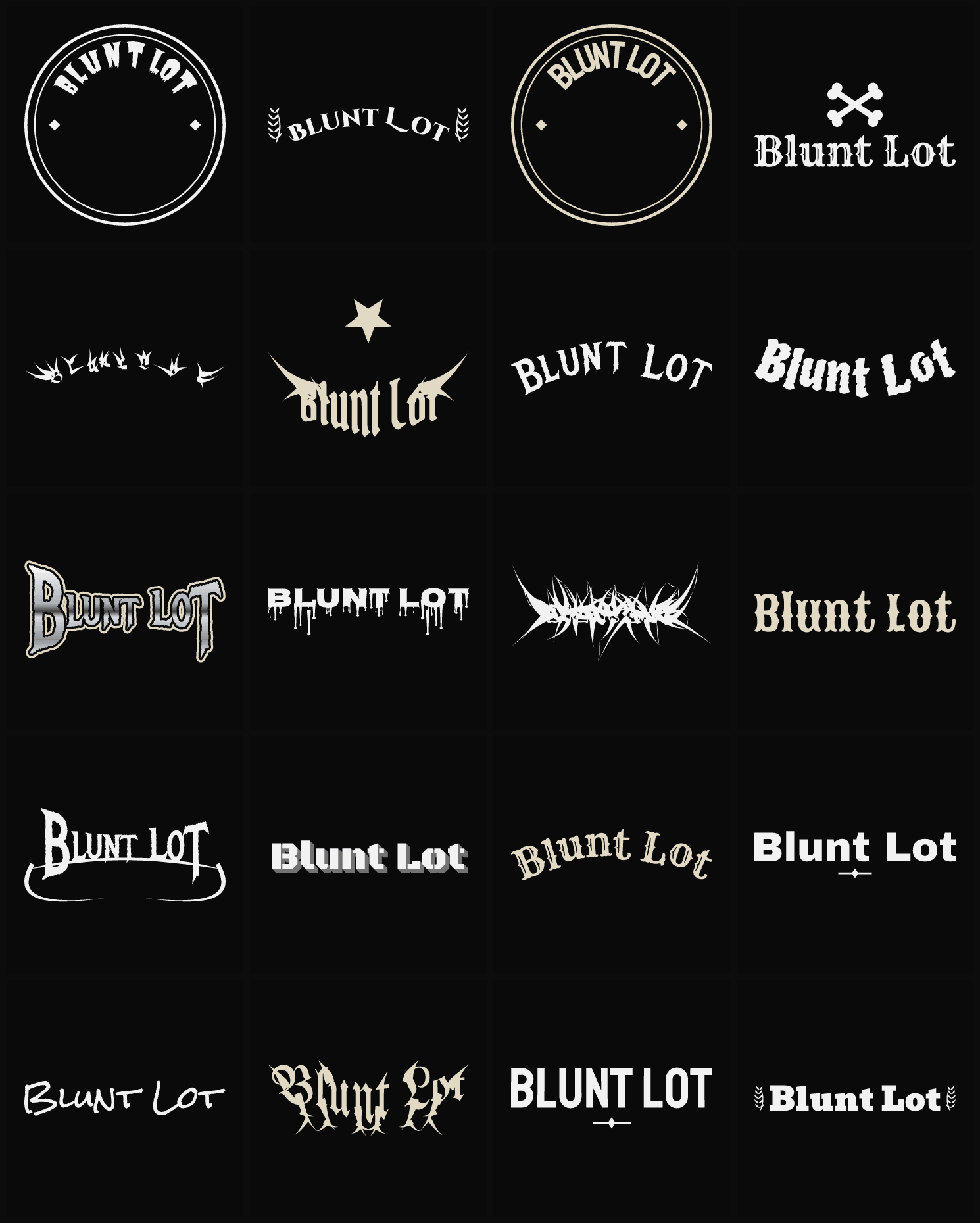 Twenty Blunt Lot band logo ideas — different faces, treatments and spike settings