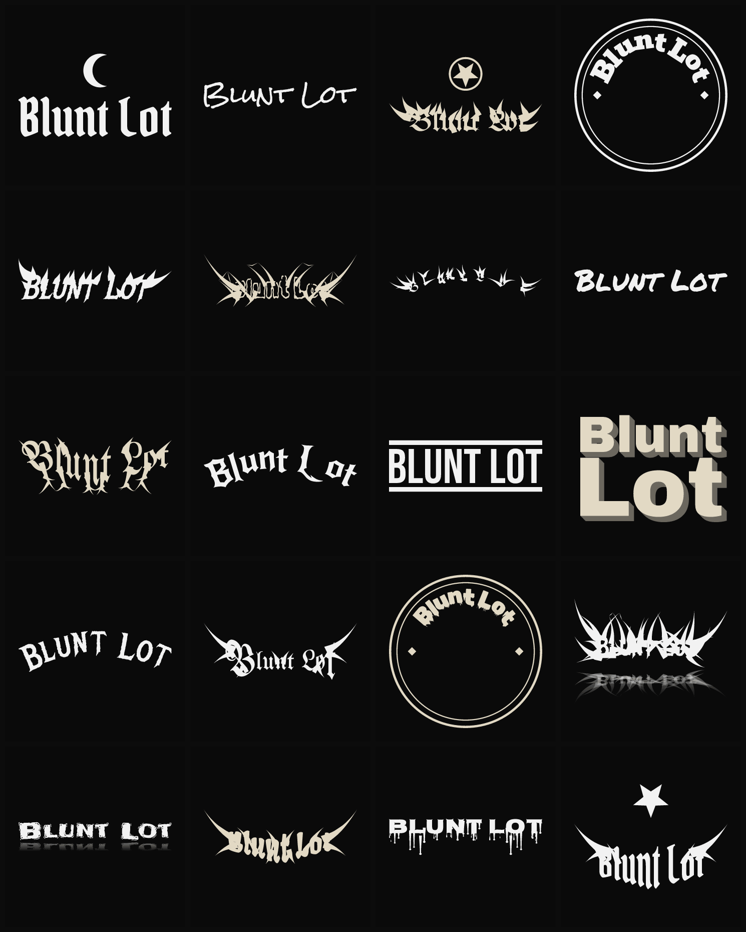 Twenty Blunt Lot band logo ideas — different faces, treatments and spike settings
