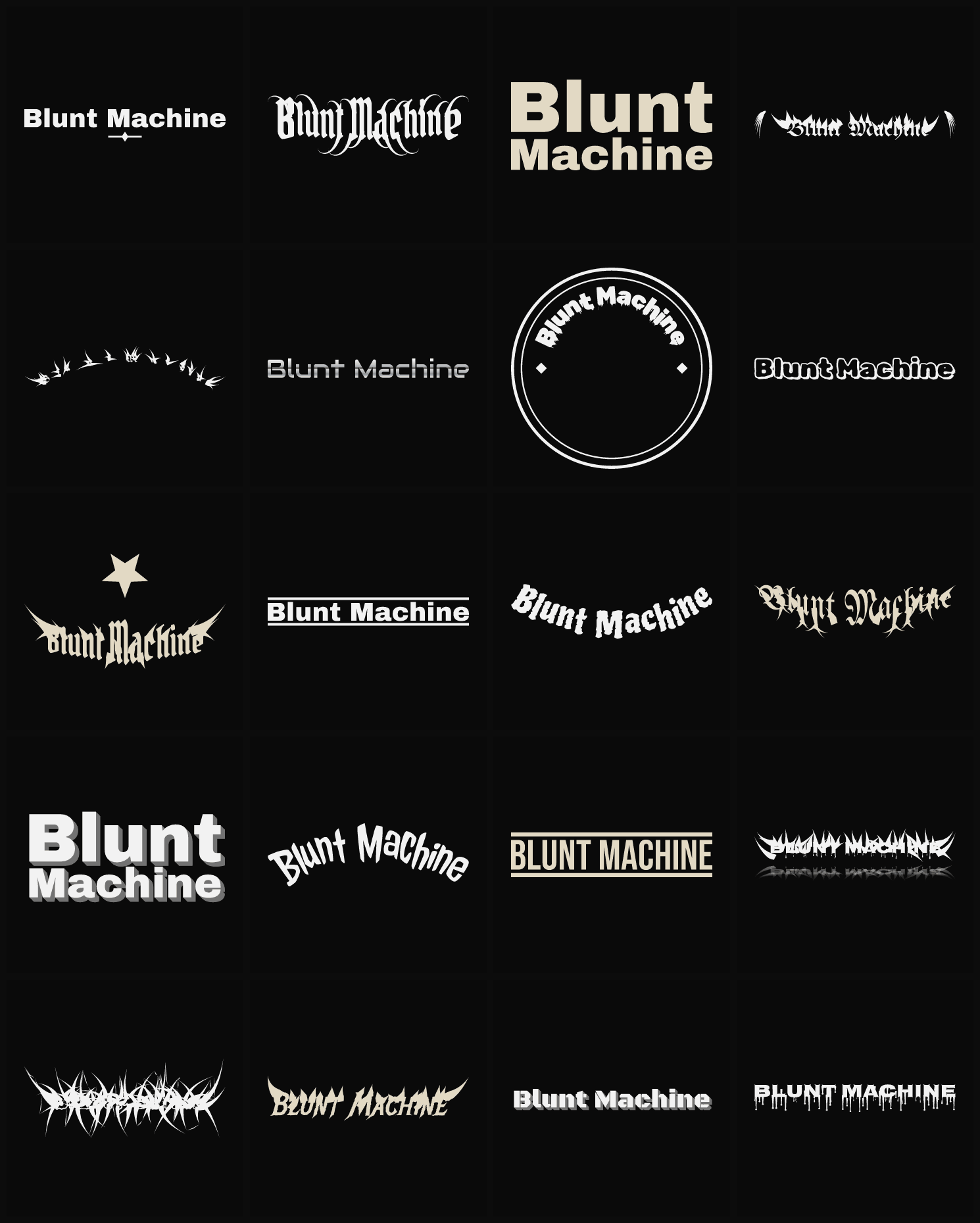 Twenty Blunt Machine band logo ideas — different faces, treatments and spike settings