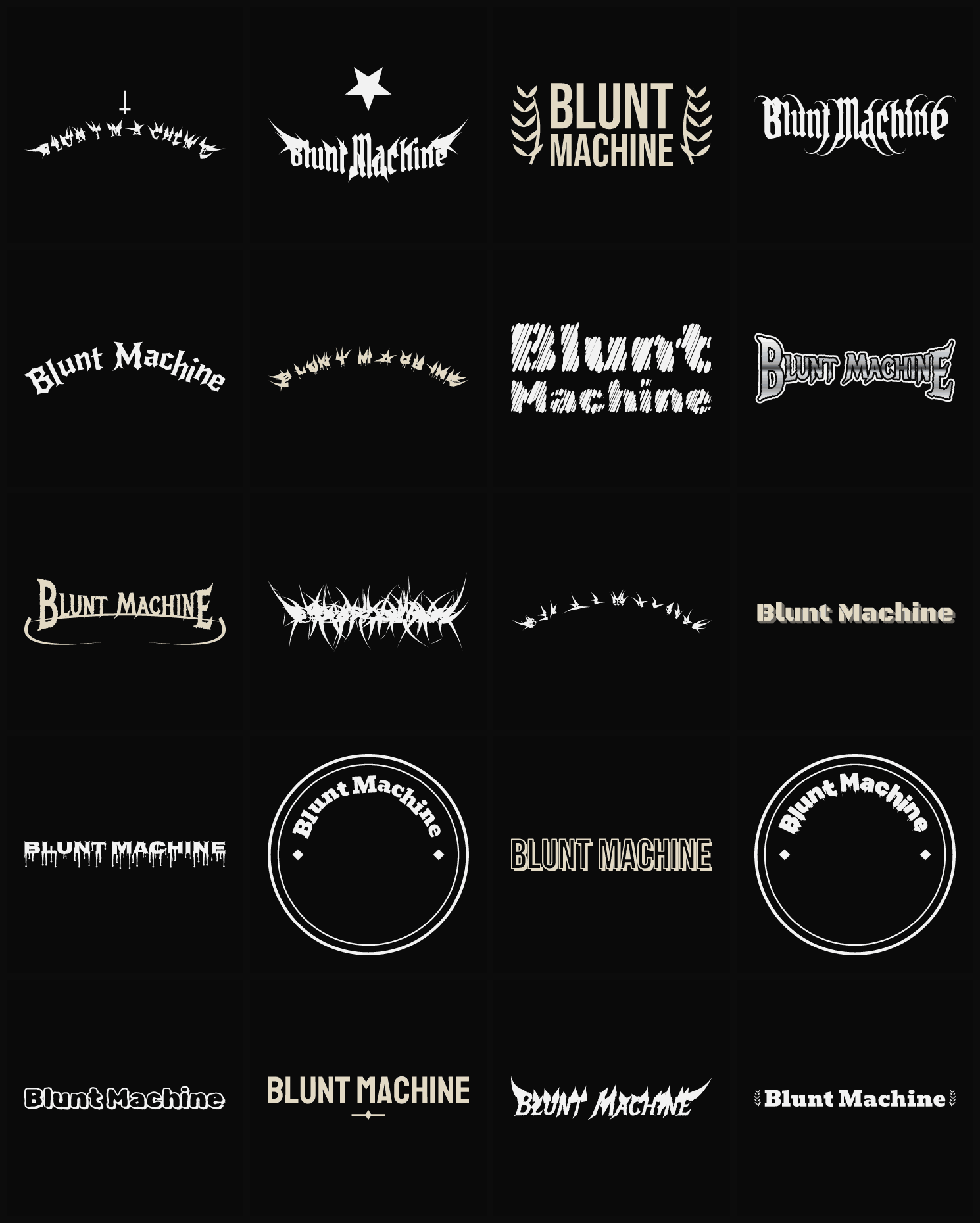 Twenty Blunt Machine band logo ideas — different faces, treatments and spike settings
