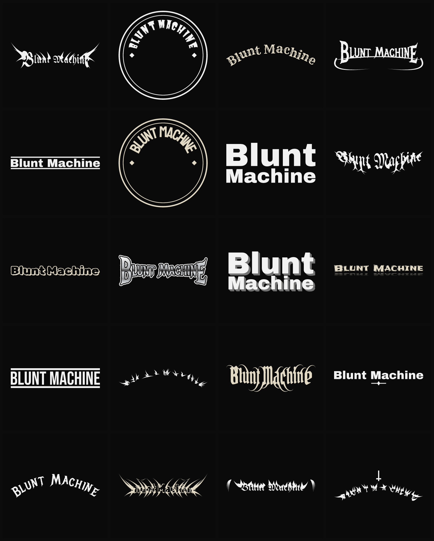 Twenty Blunt Machine band logo ideas — different faces, treatments and spike settings