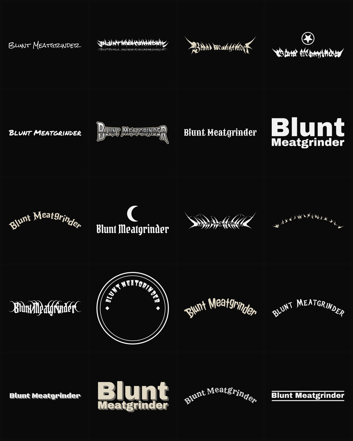 Twenty Blunt Meatgrinder band logo ideas — different faces, treatments and spike settings