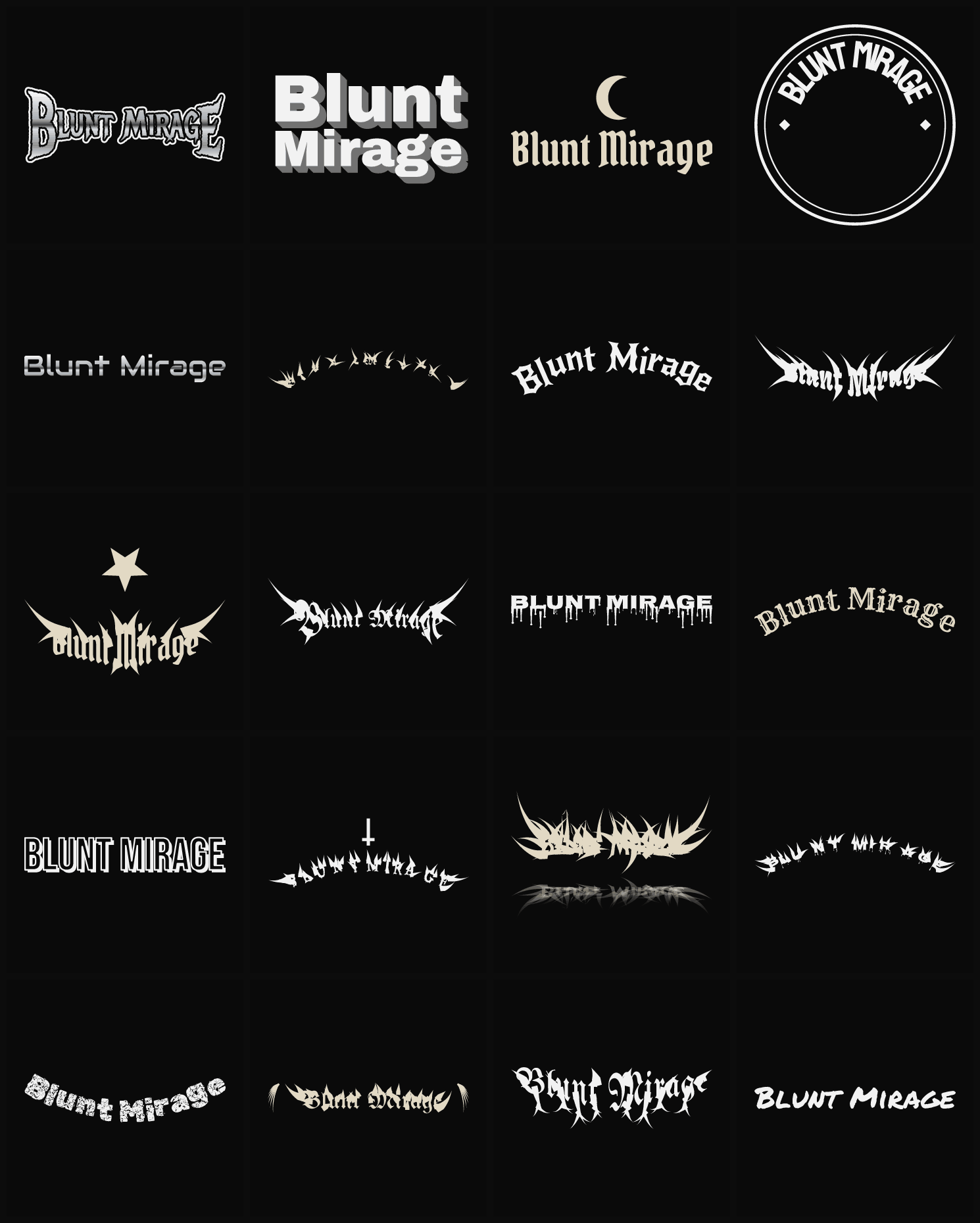 Twenty Blunt Mirage band logo ideas — different faces, treatments and spike settings