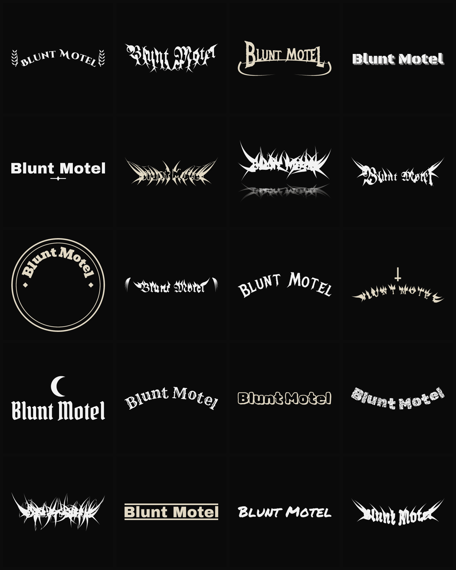 Twenty Blunt Motel band logo ideas — different faces, treatments and spike settings