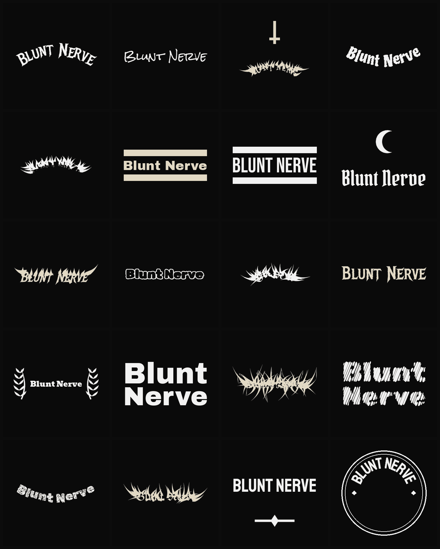 Twenty Blunt Nerve band logo ideas — different faces, treatments and spike settings
