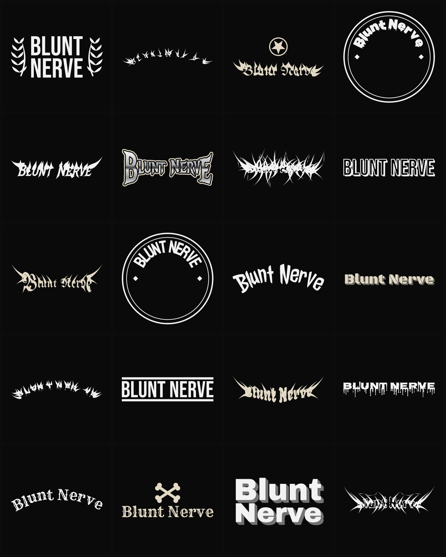 Twenty Blunt Nerve band logo ideas — different faces, treatments and spike settings