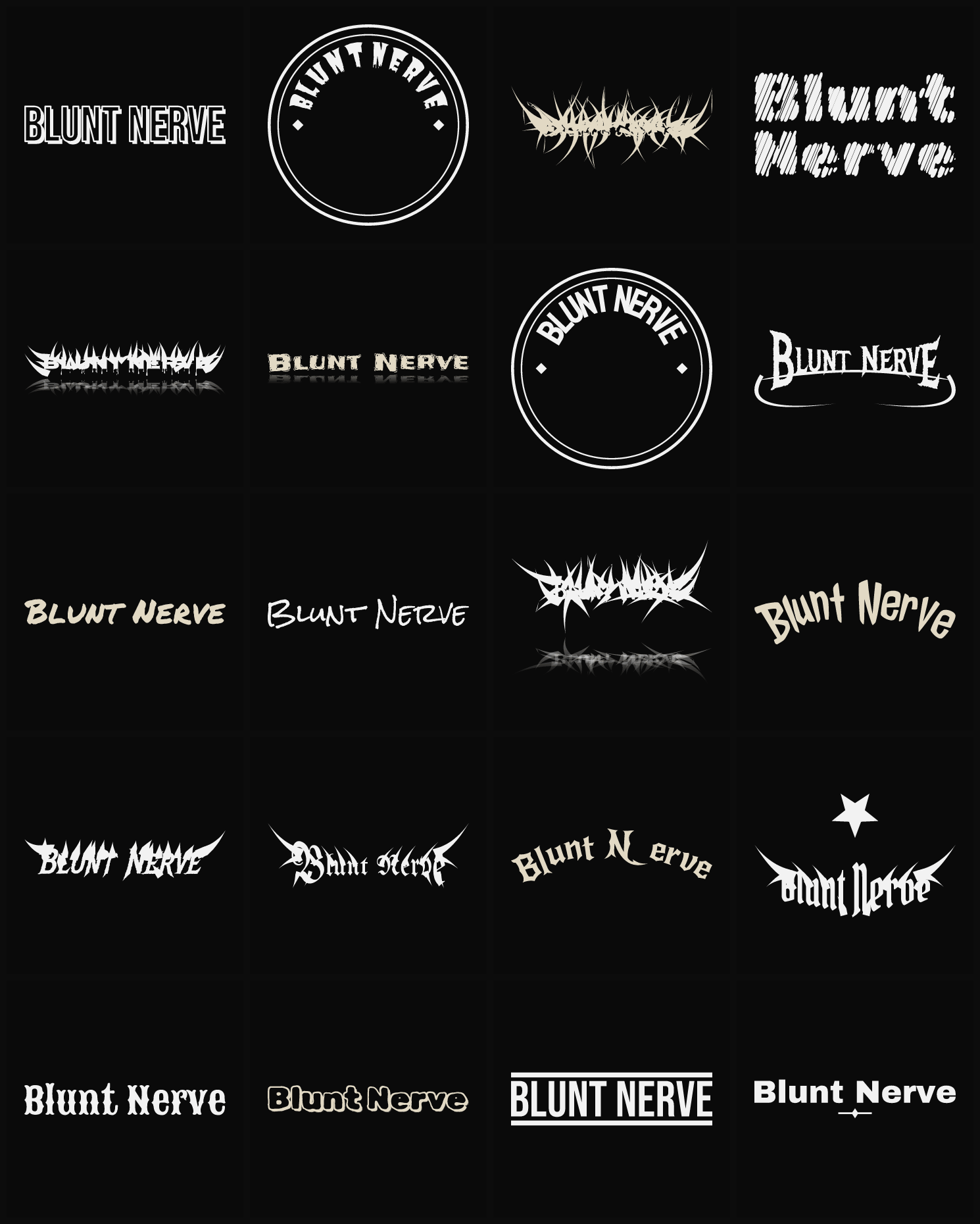 Twenty Blunt Nerve band logo ideas — different faces, treatments and spike settings