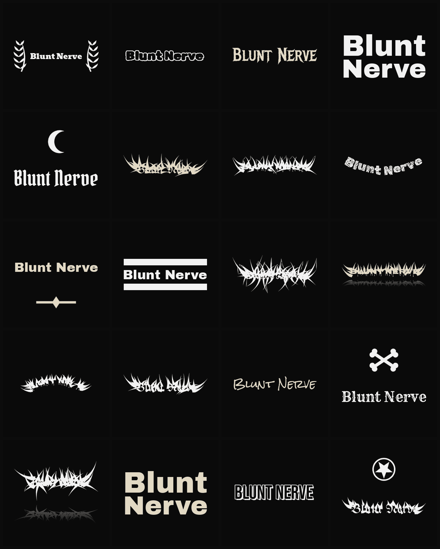 Twenty Blunt Nerve band logo ideas — different faces, treatments and spike settings