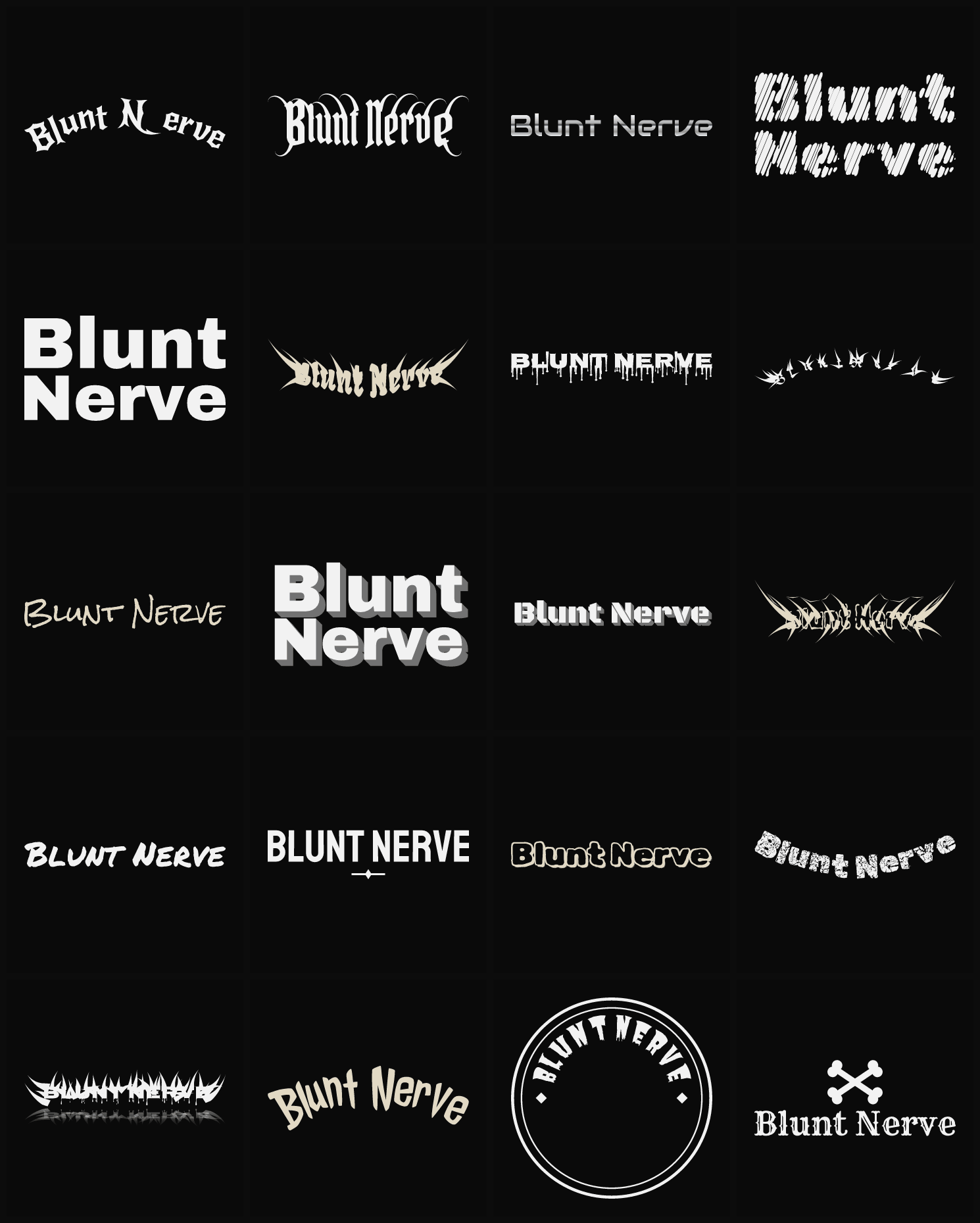 Twenty Blunt Nerve band logo ideas — different faces, treatments and spike settings