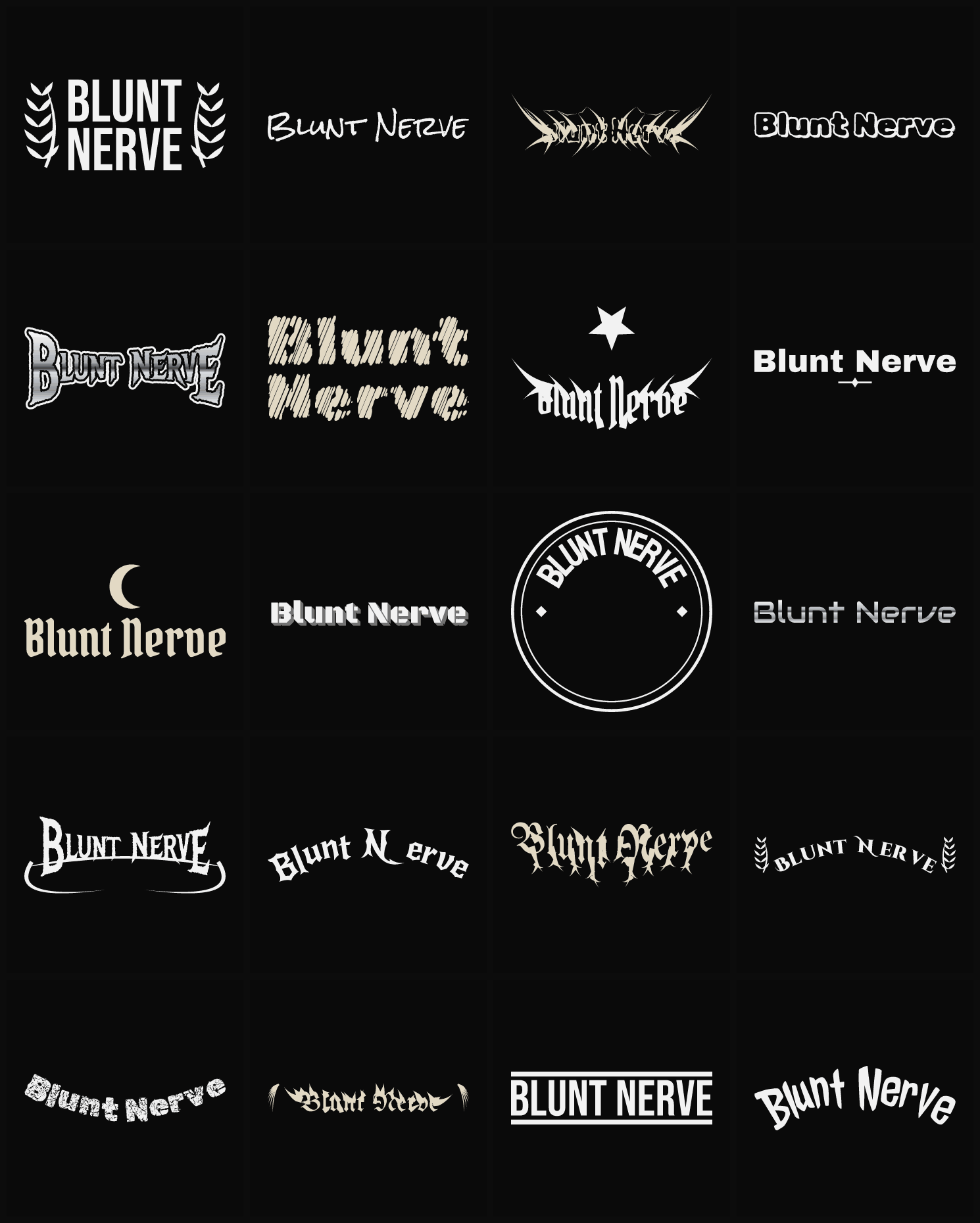 Twenty Blunt Nerve band logo ideas — different faces, treatments and spike settings