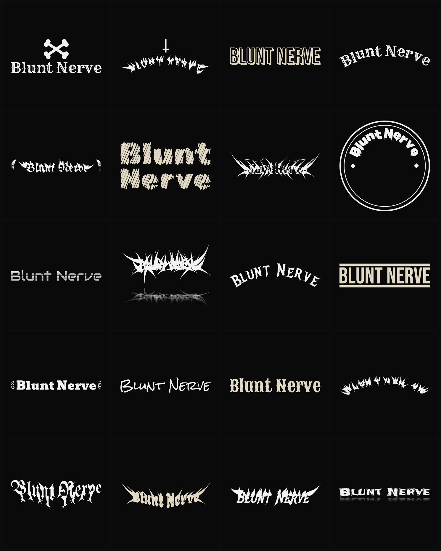 Twenty Blunt Nerve band logo ideas — different faces, treatments and spike settings