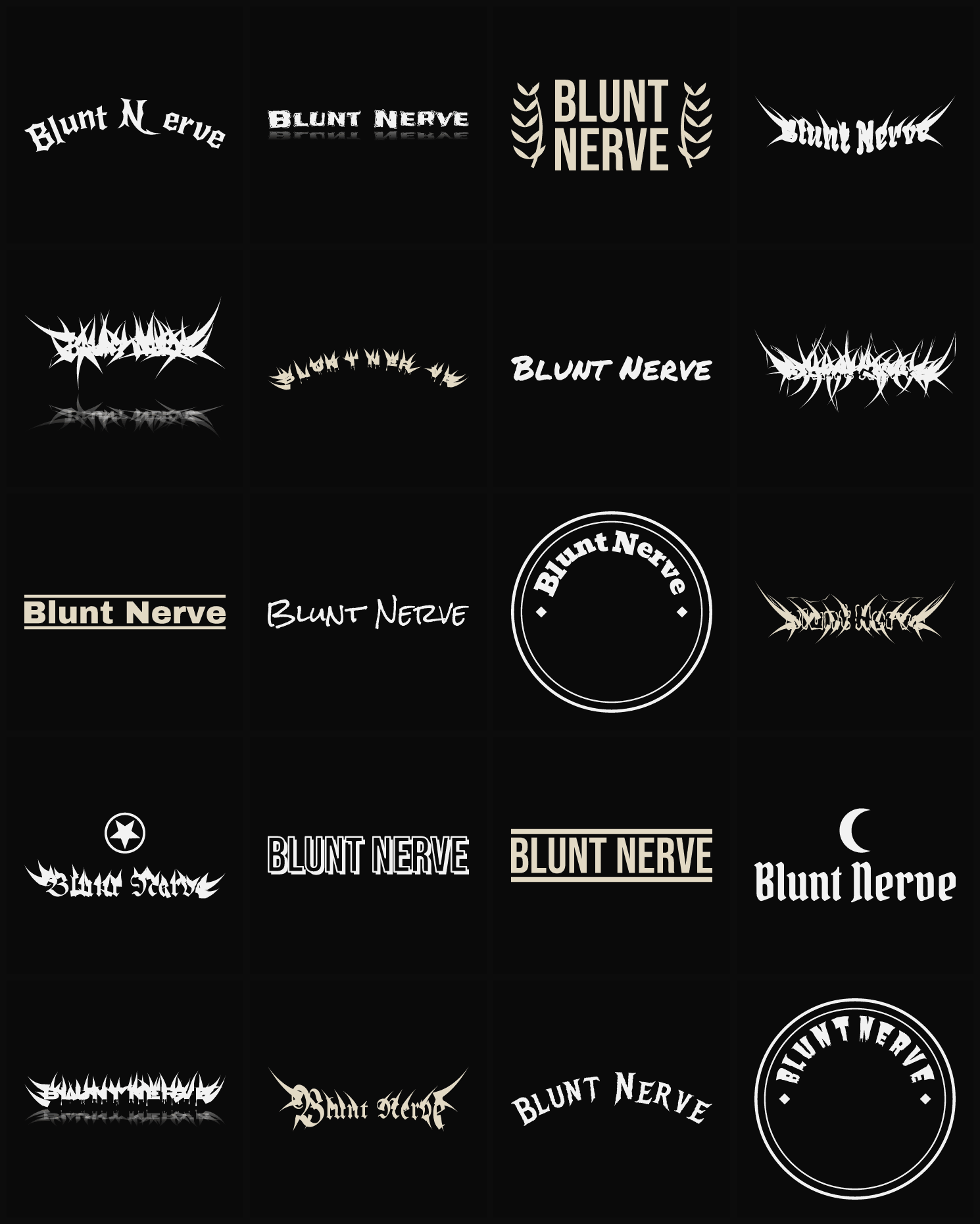 Twenty Blunt Nerve band logo ideas — different faces, treatments and spike settings