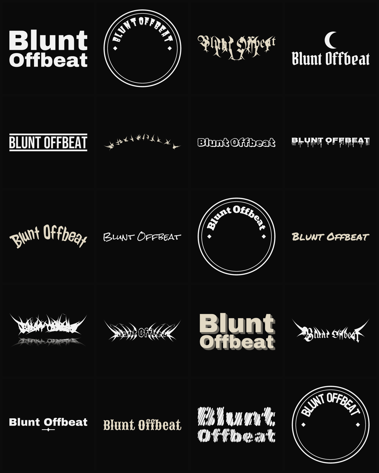 Twenty Blunt Offbeat band logo ideas — different faces, treatments and spike settings