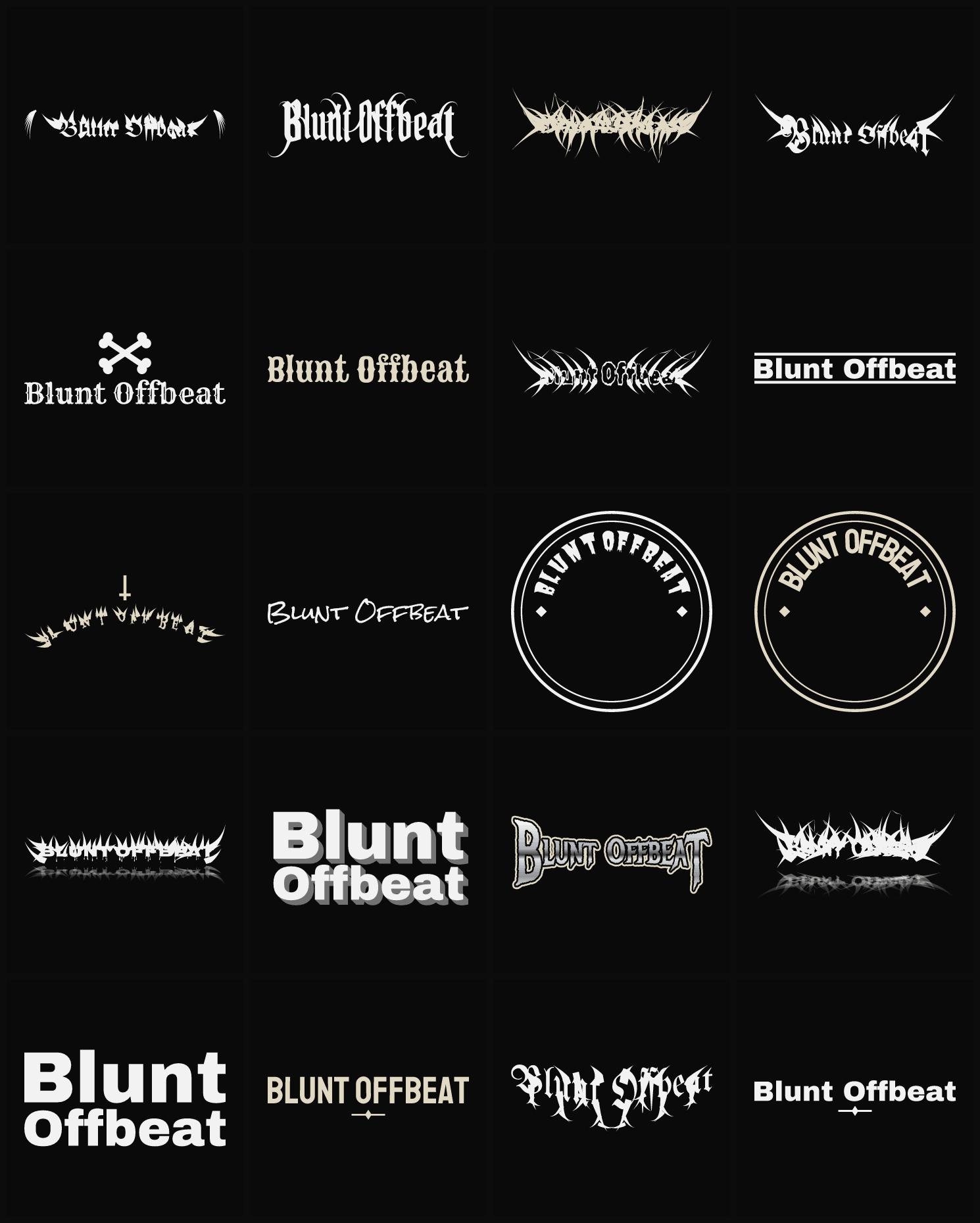 Twenty Blunt Offbeat band logo ideas — different faces, treatments and spike settings