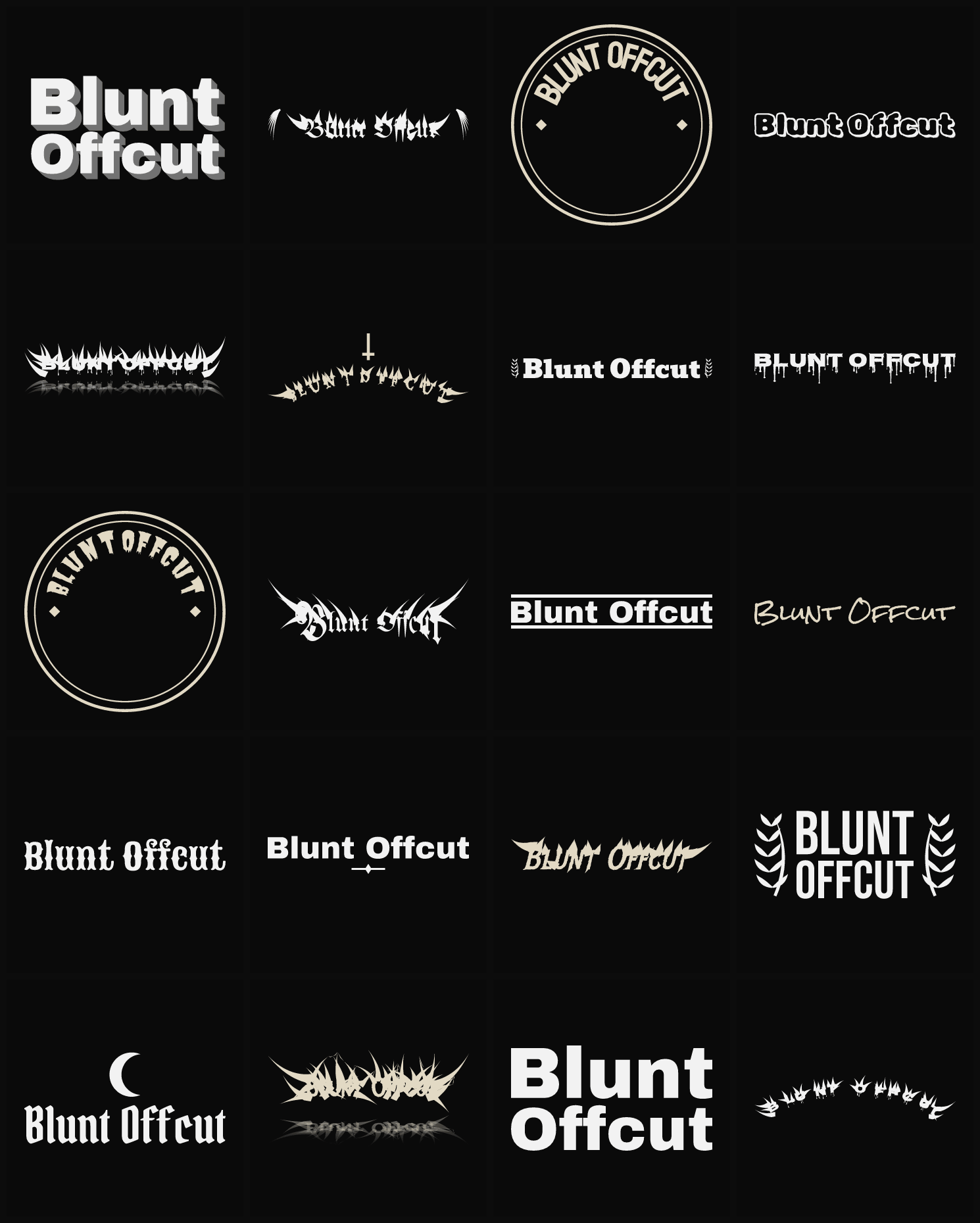 Twenty Blunt Offcut band logo ideas — different faces, treatments and spike settings