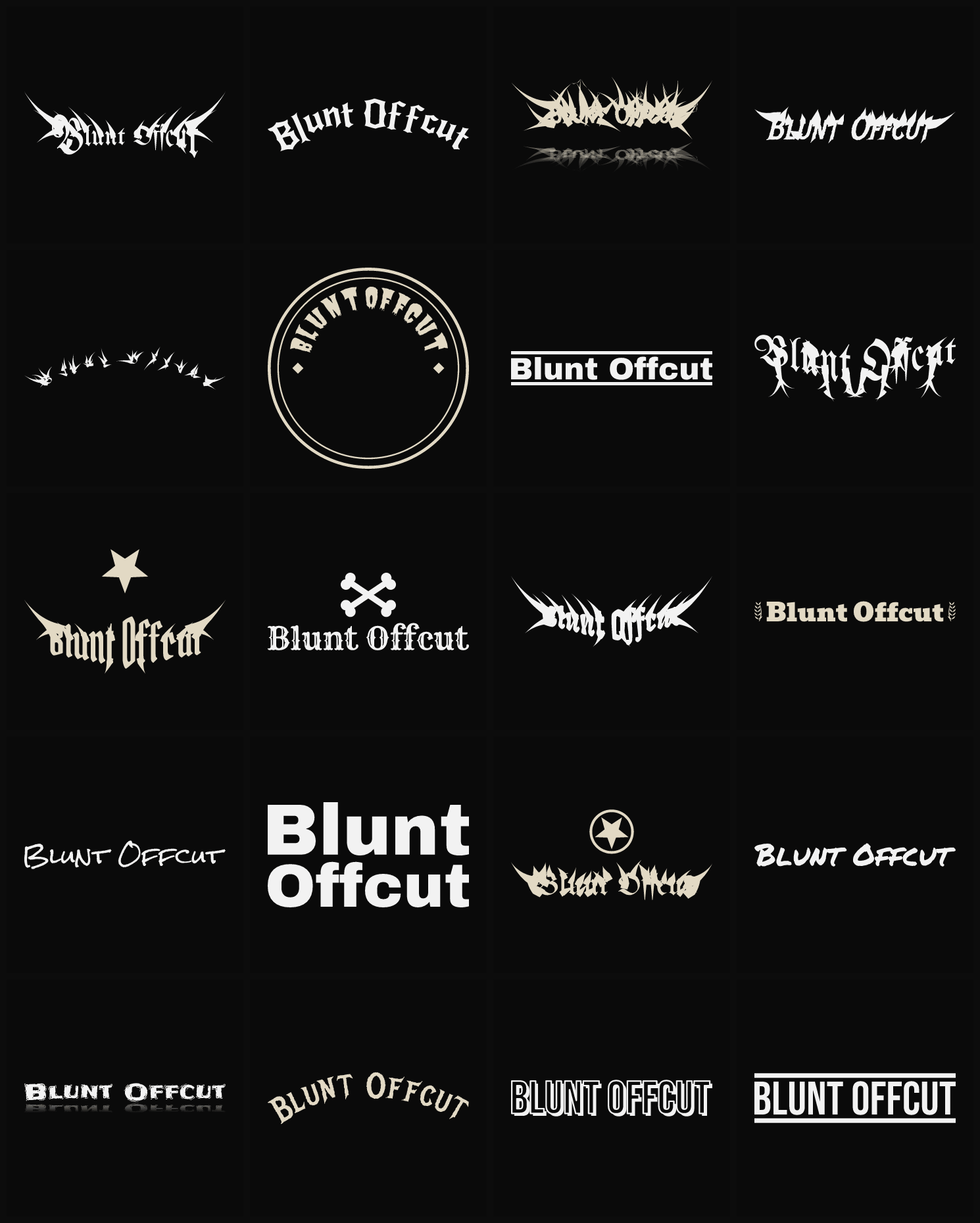 Twenty Blunt Offcut band logo ideas — different faces, treatments and spike settings