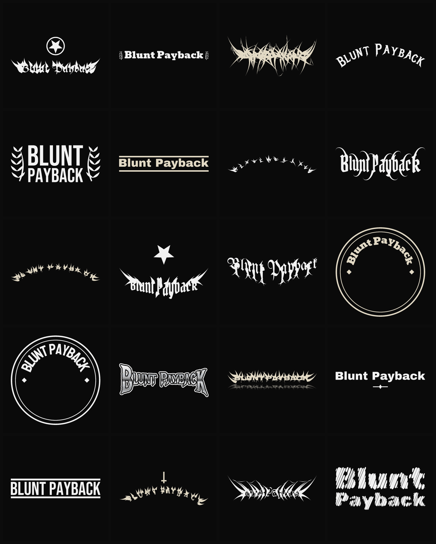 Twenty Blunt Payback band logo ideas — different faces, treatments and spike settings