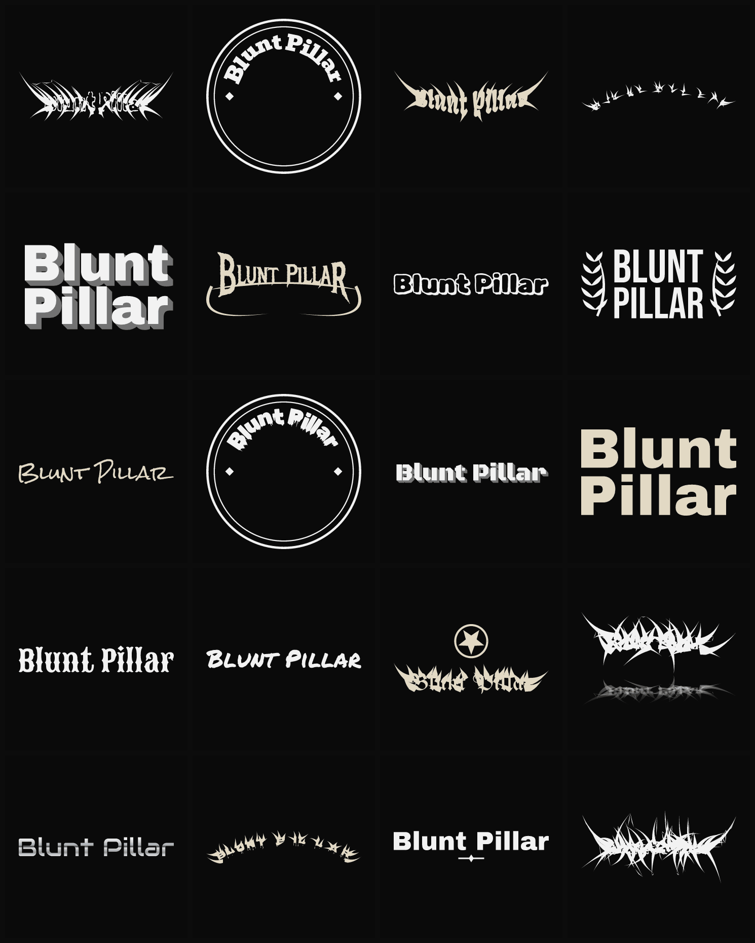 Twenty Blunt Pillar band logo ideas — different faces, treatments and spike settings