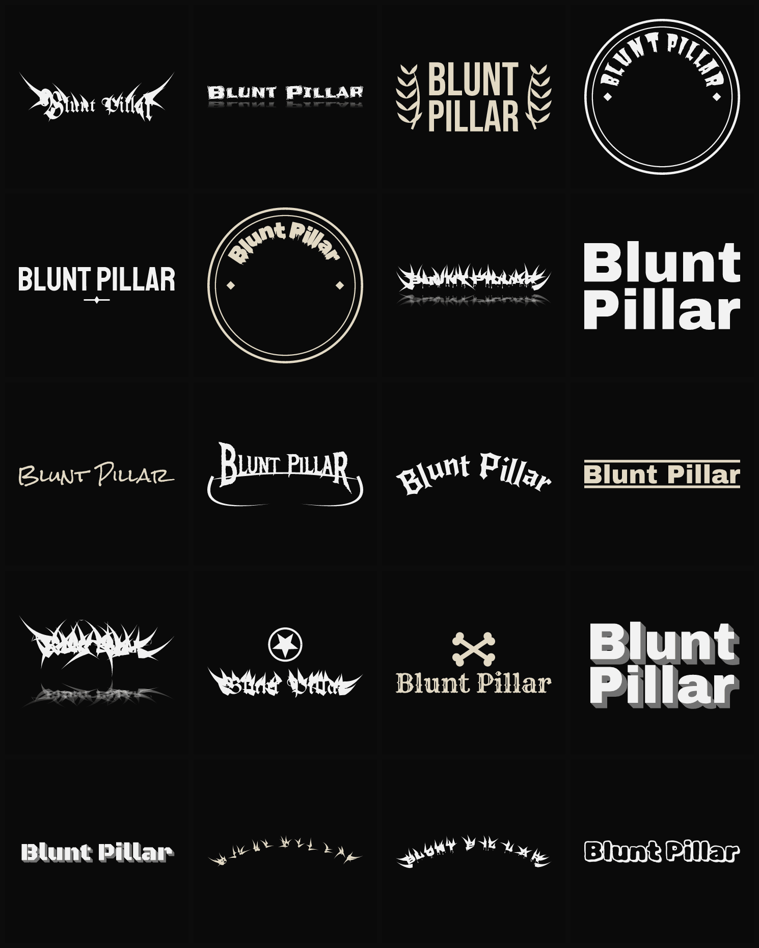 Twenty Blunt Pillar band logo ideas — different faces, treatments and spike settings