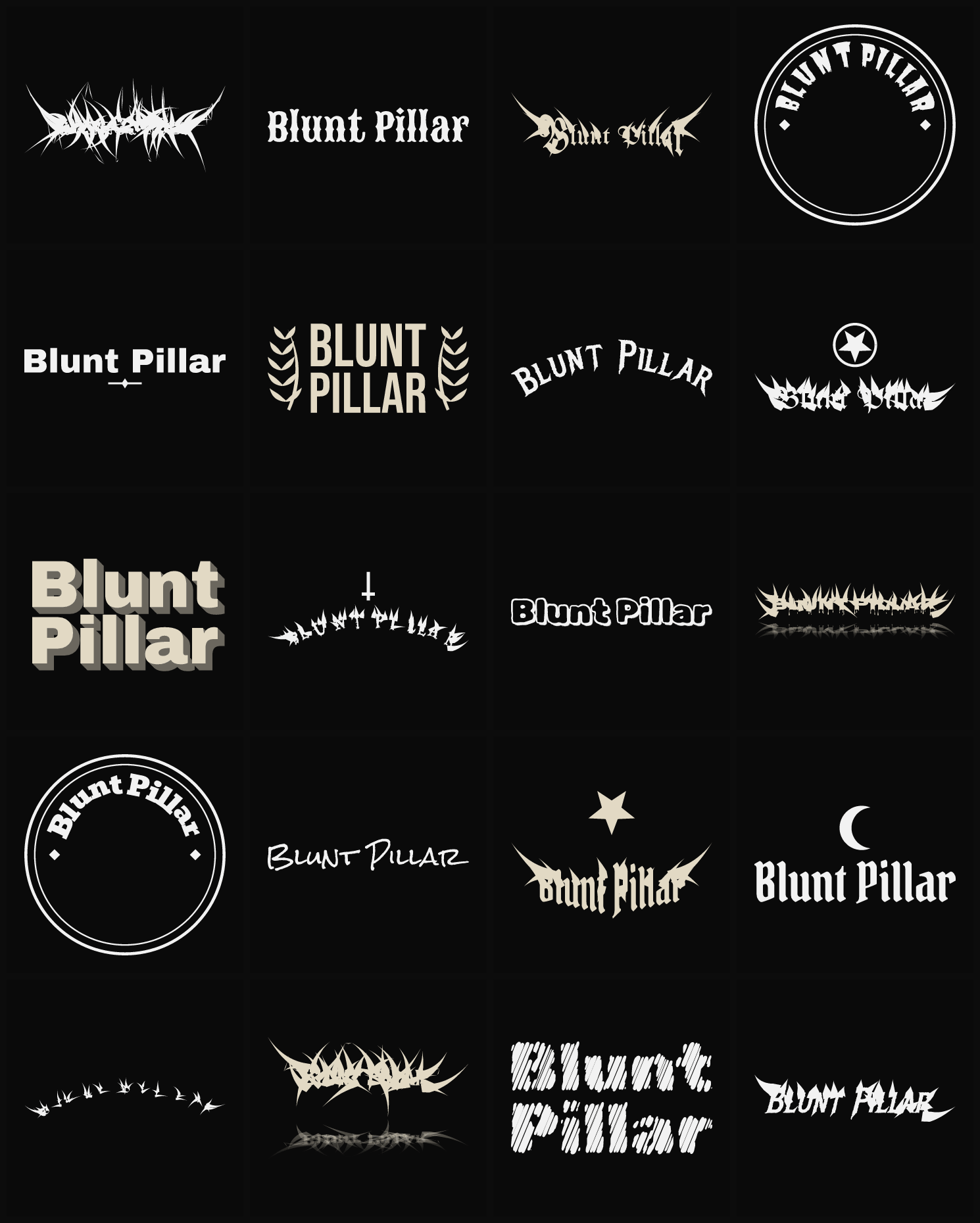 Twenty Blunt Pillar band logo ideas — different faces, treatments and spike settings