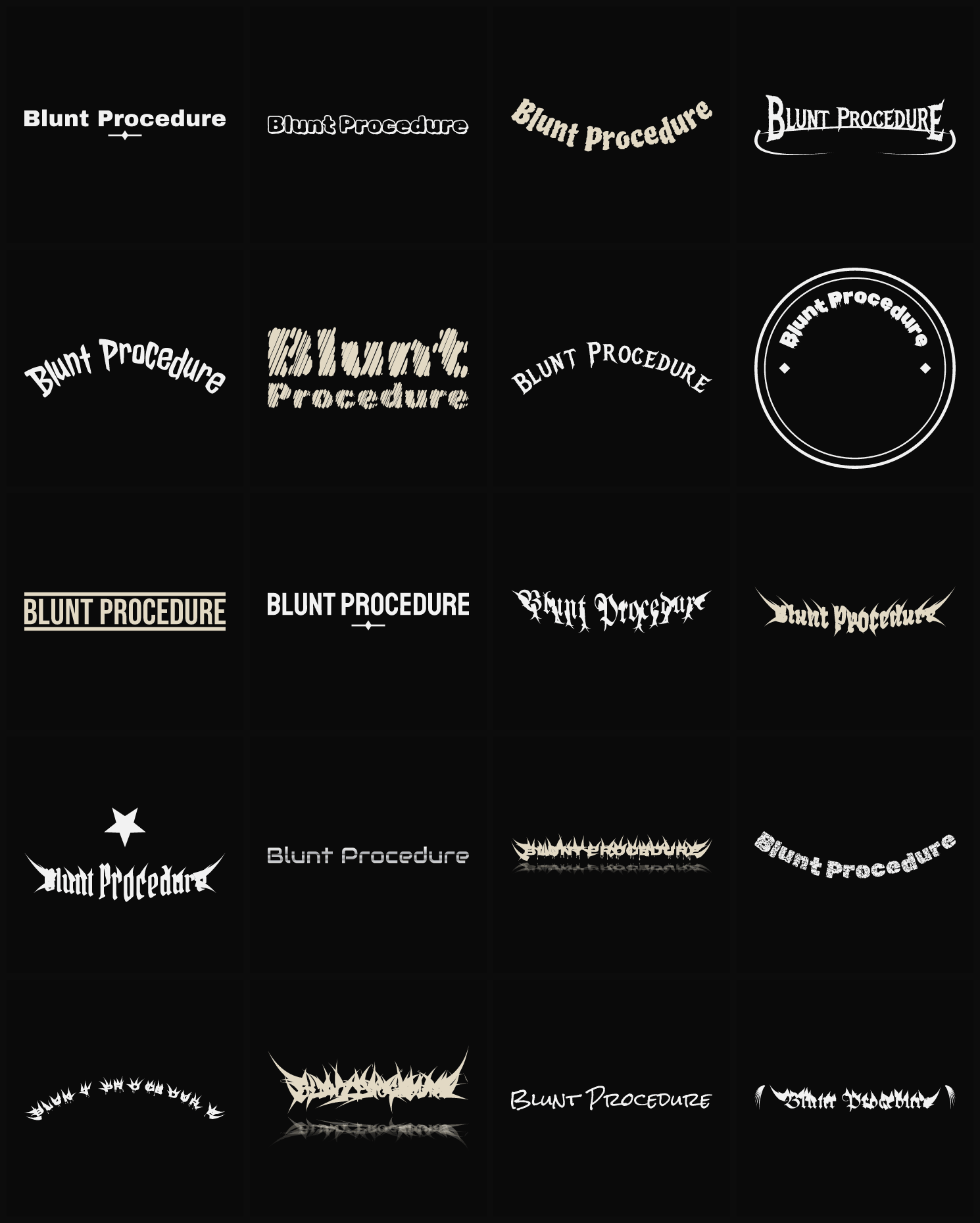 Twenty Blunt Procedure band logo ideas — different faces, treatments and spike settings