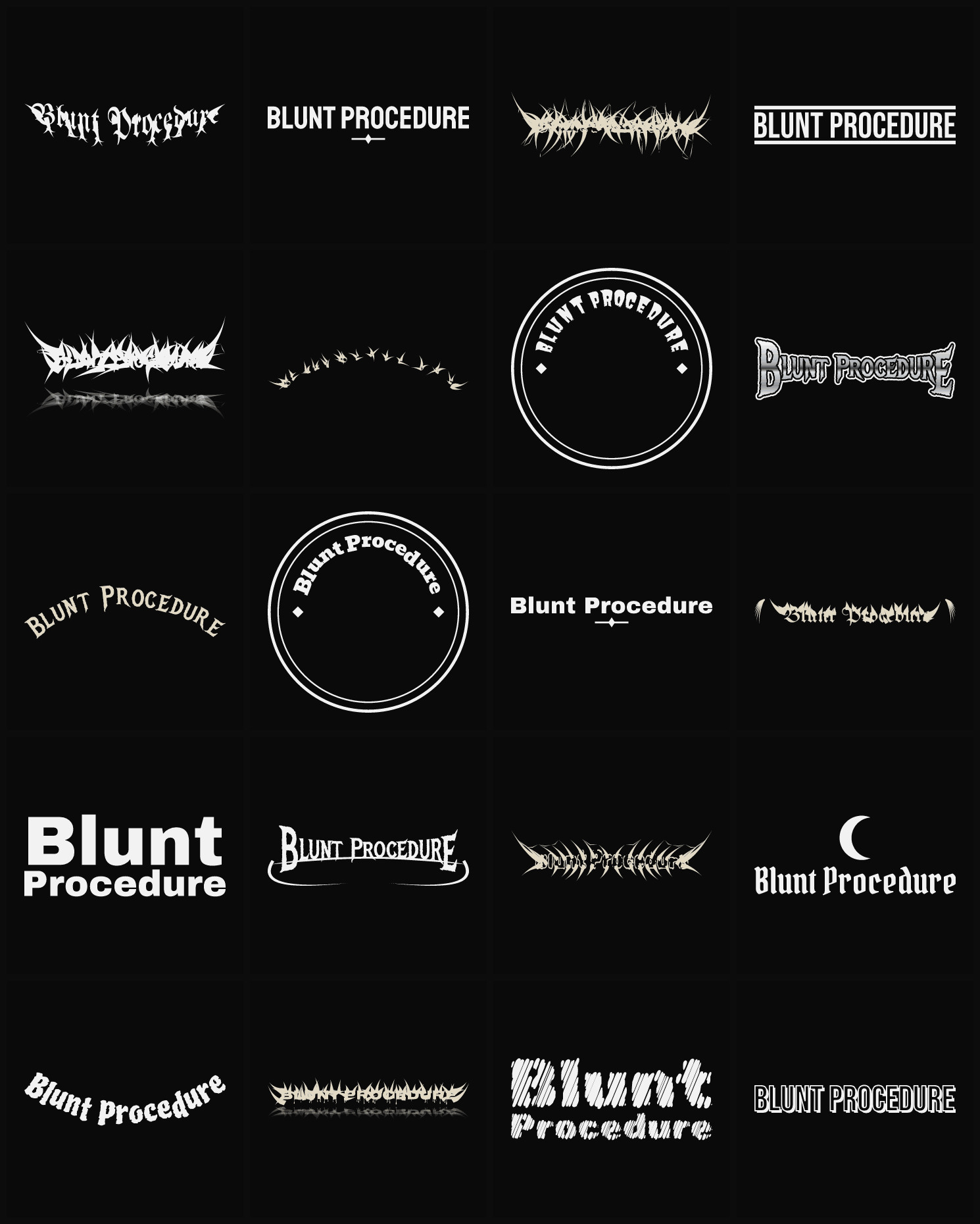 Twenty Blunt Procedure band logo ideas — different faces, treatments and spike settings
