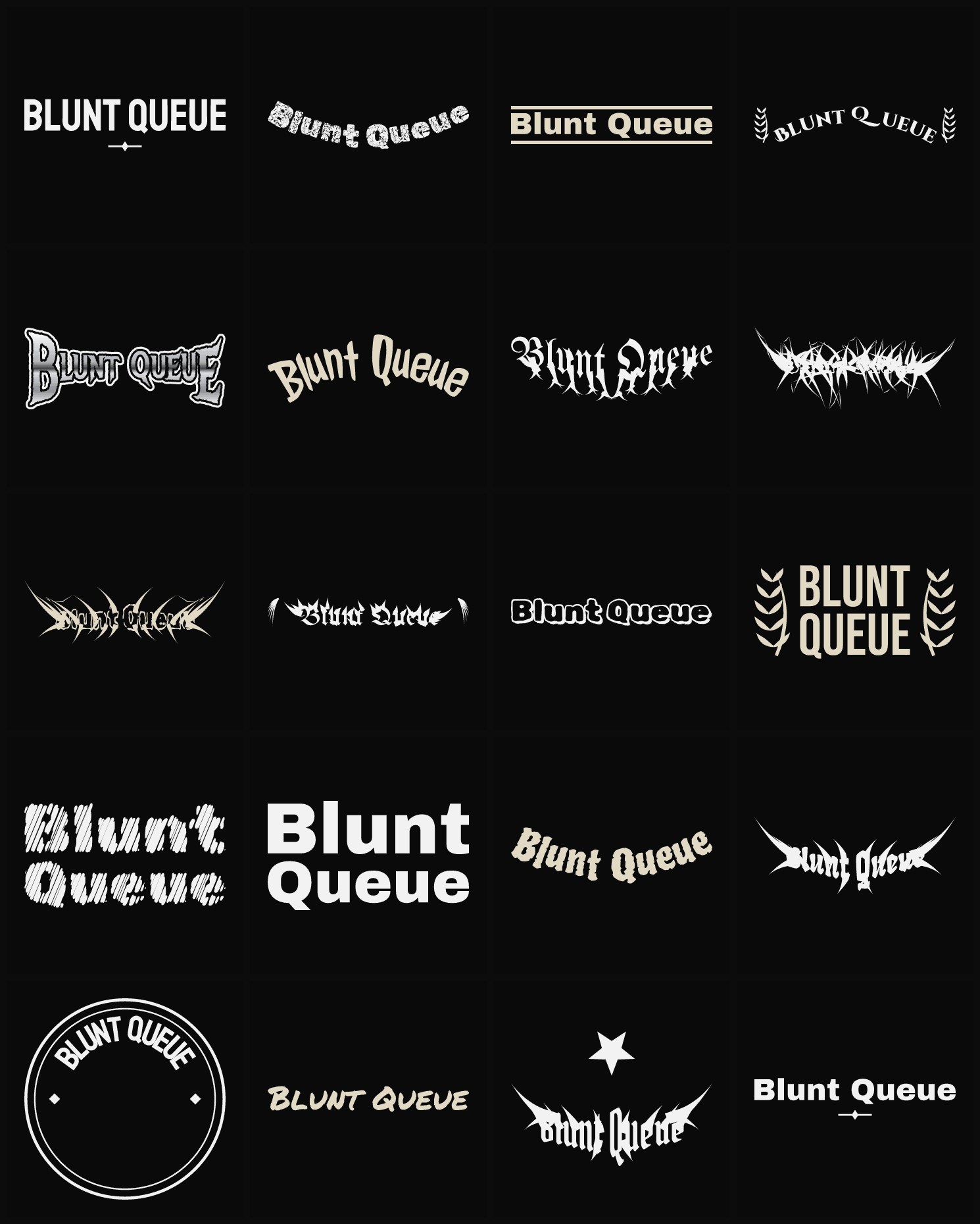 Twenty Blunt Queue band logo ideas — different faces, treatments and spike settings