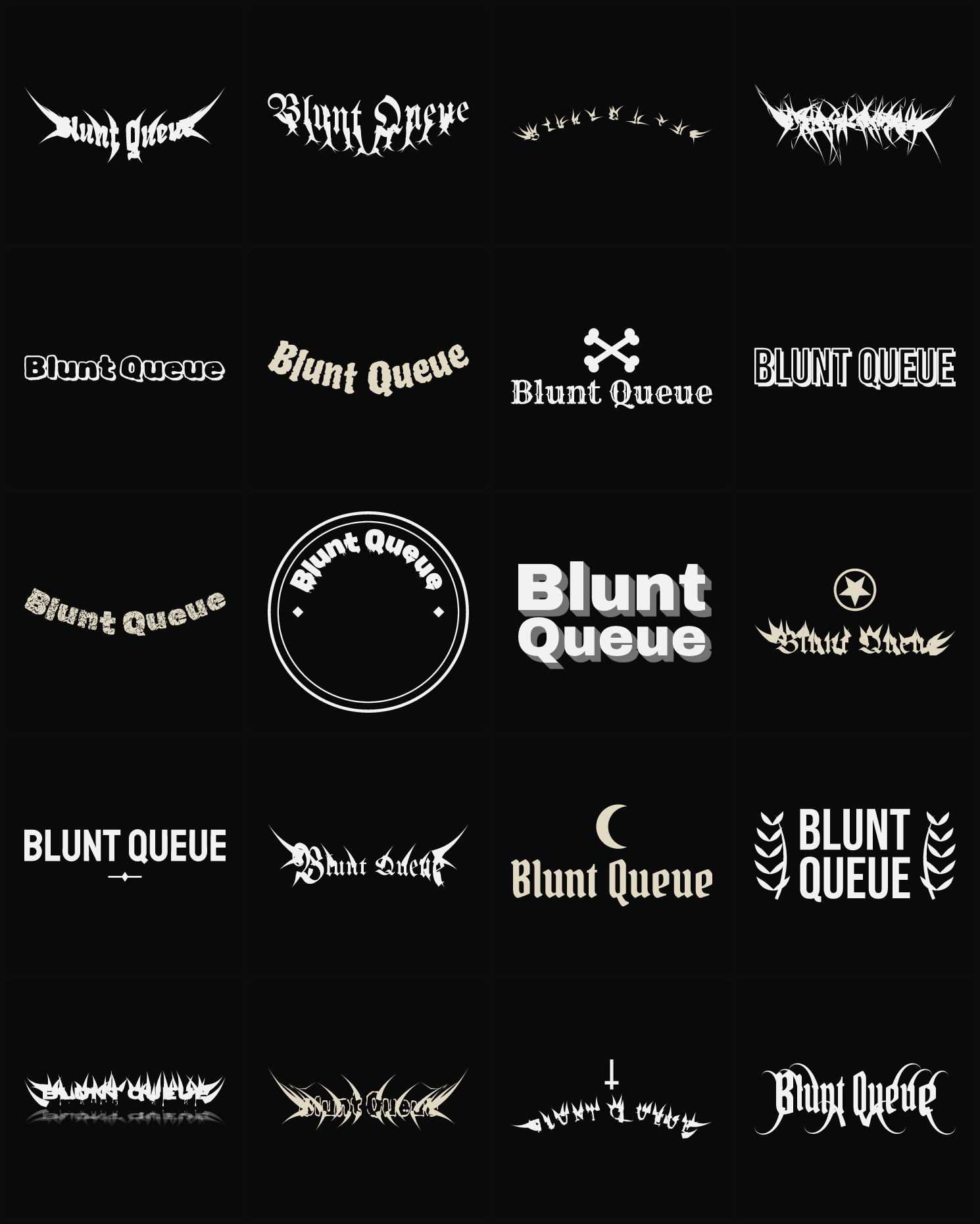 Twenty Blunt Queue band logo ideas — different faces, treatments and spike settings