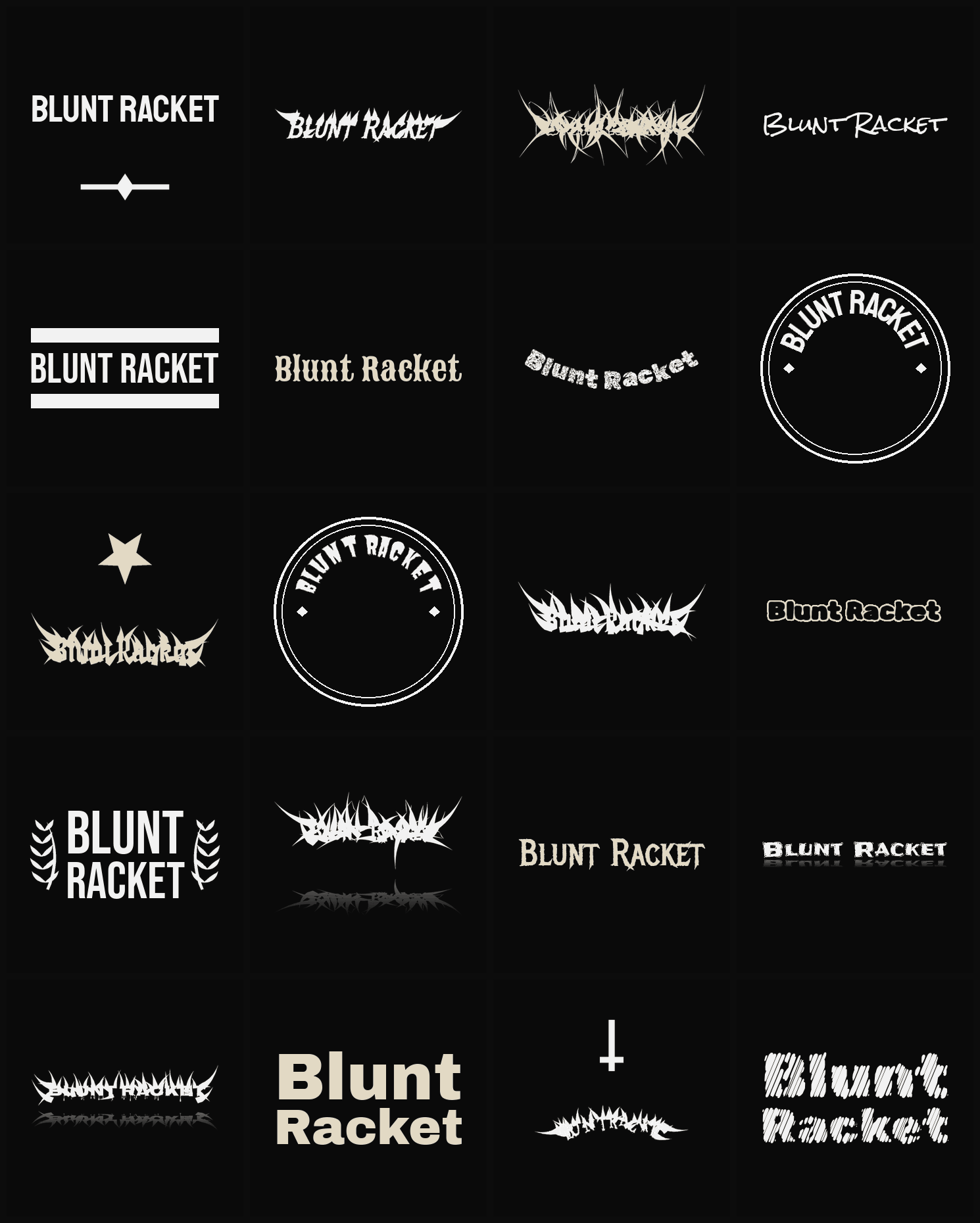 Twenty Blunt Racket band logo ideas — different faces, treatments and spike settings
