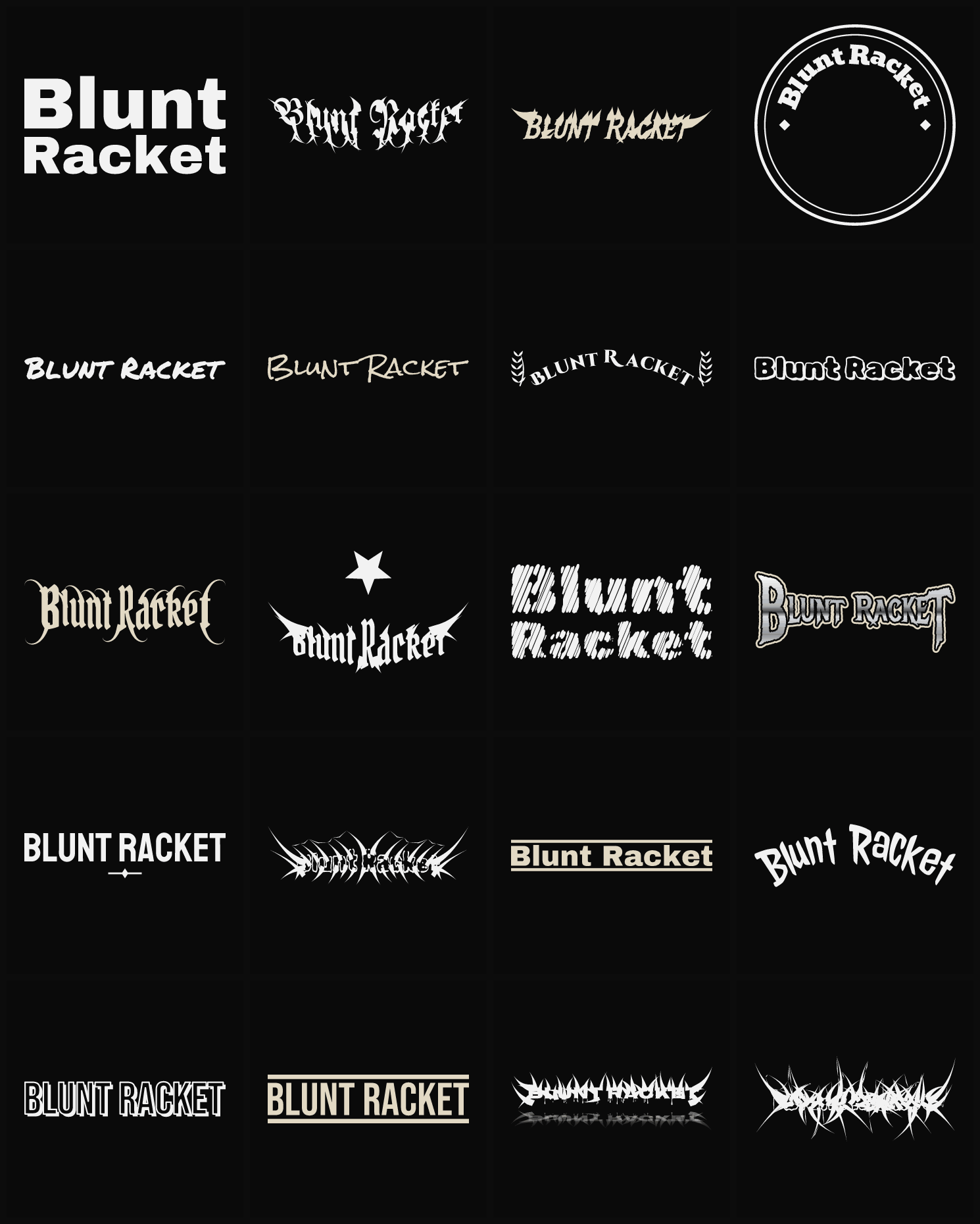 Twenty Blunt Racket band logo ideas — different faces, treatments and spike settings