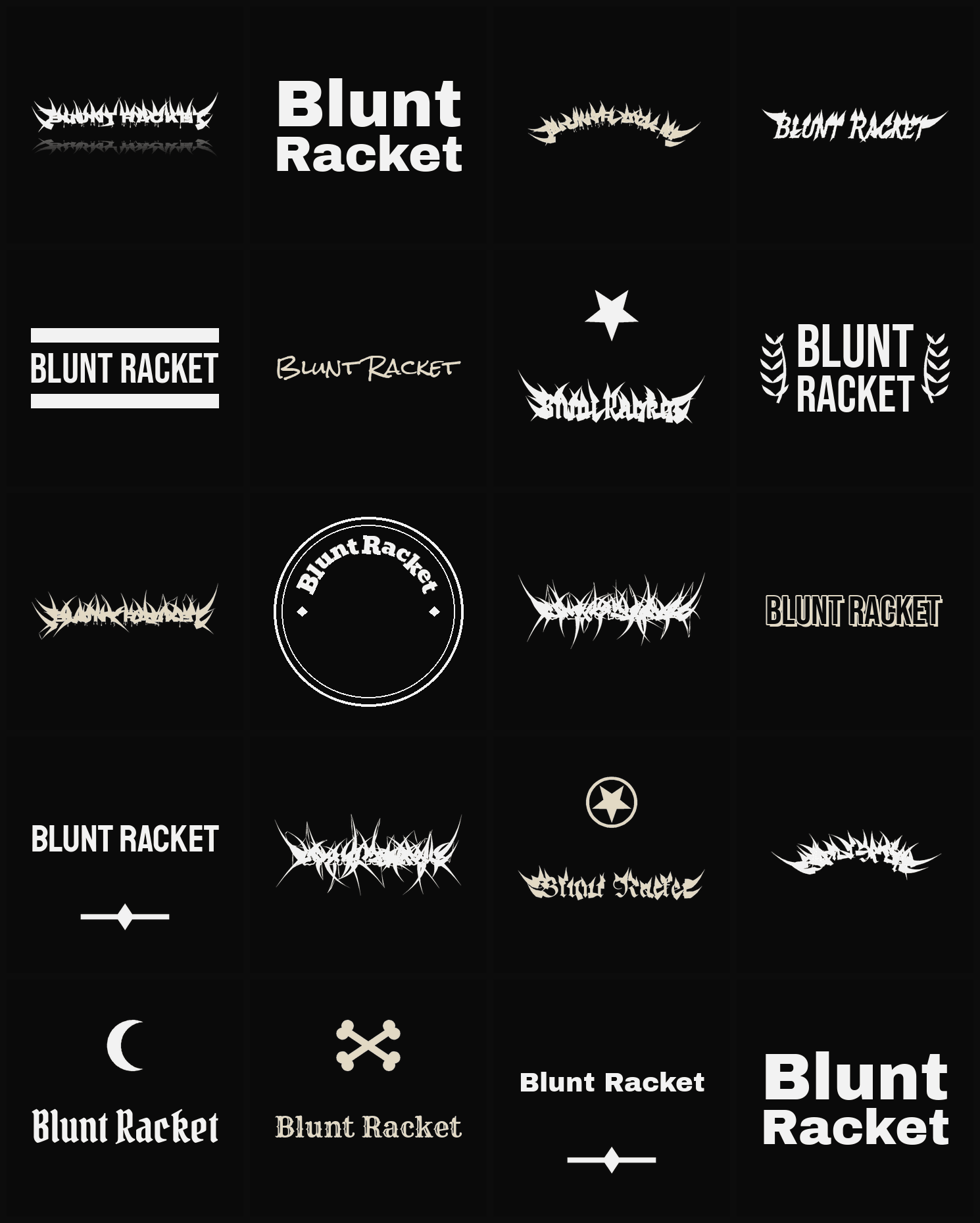 Twenty Blunt Racket band logo ideas — different faces, treatments and spike settings