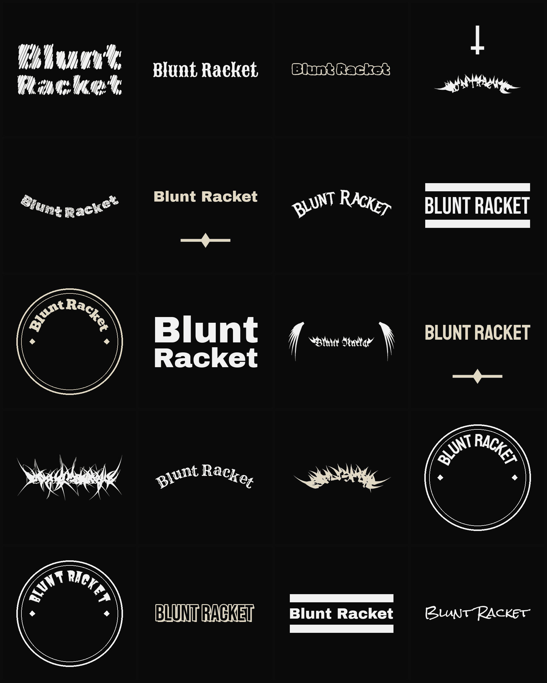 Twenty Blunt Racket band logo ideas — different faces, treatments and spike settings