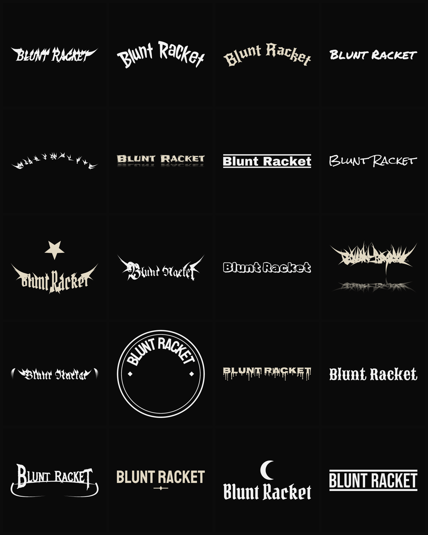 Twenty Blunt Racket band logo ideas — different faces, treatments and spike settings