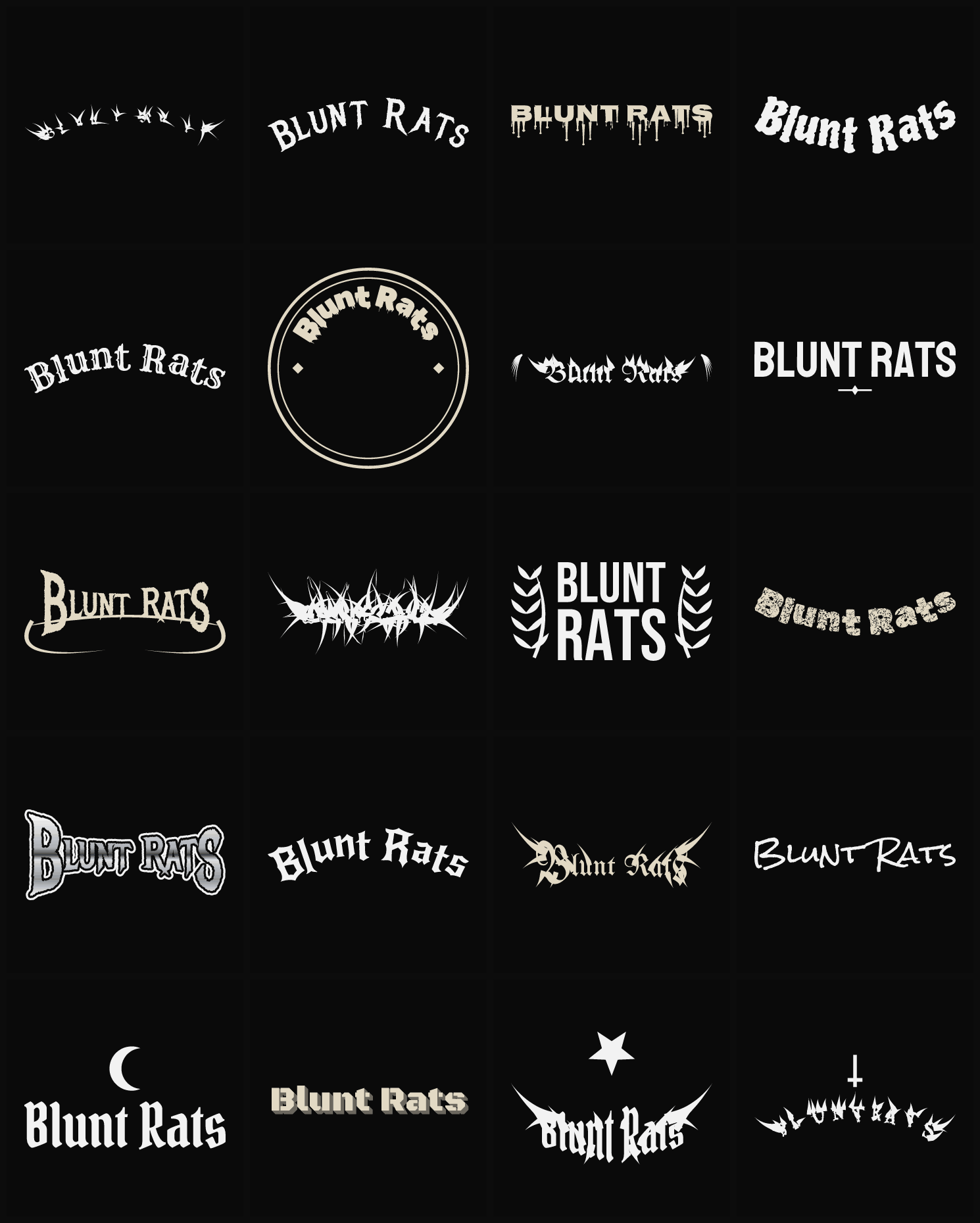 Twenty Blunt Rats band logo ideas — different faces, treatments and spike settings