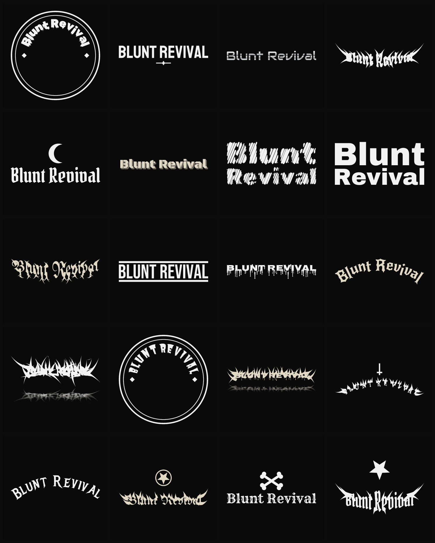Twenty Blunt Revival band logo ideas — different faces, treatments and spike settings