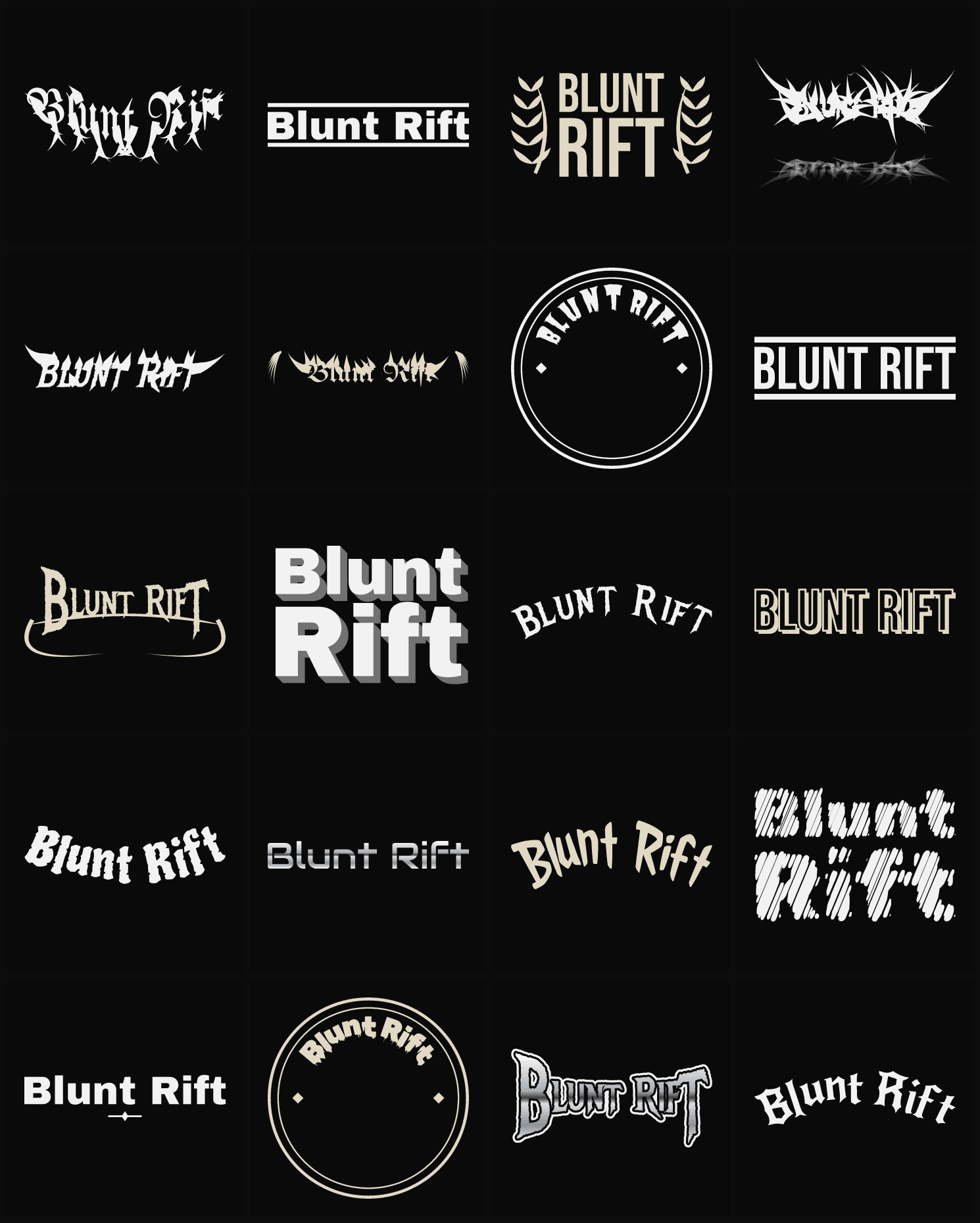 Twenty Blunt Rift band logo ideas — different faces, treatments and spike settings