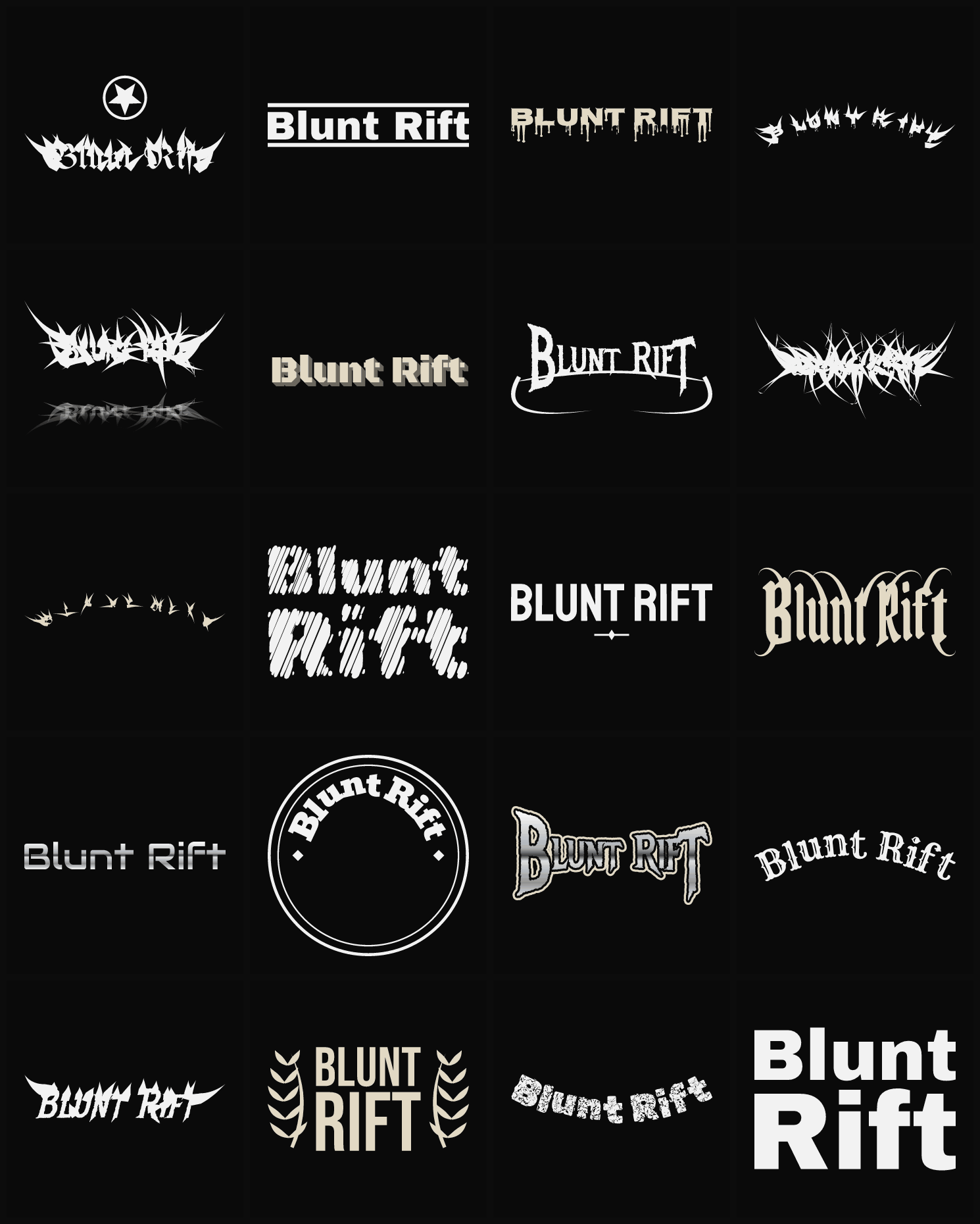 Twenty Blunt Rift band logo ideas — different faces, treatments and spike settings