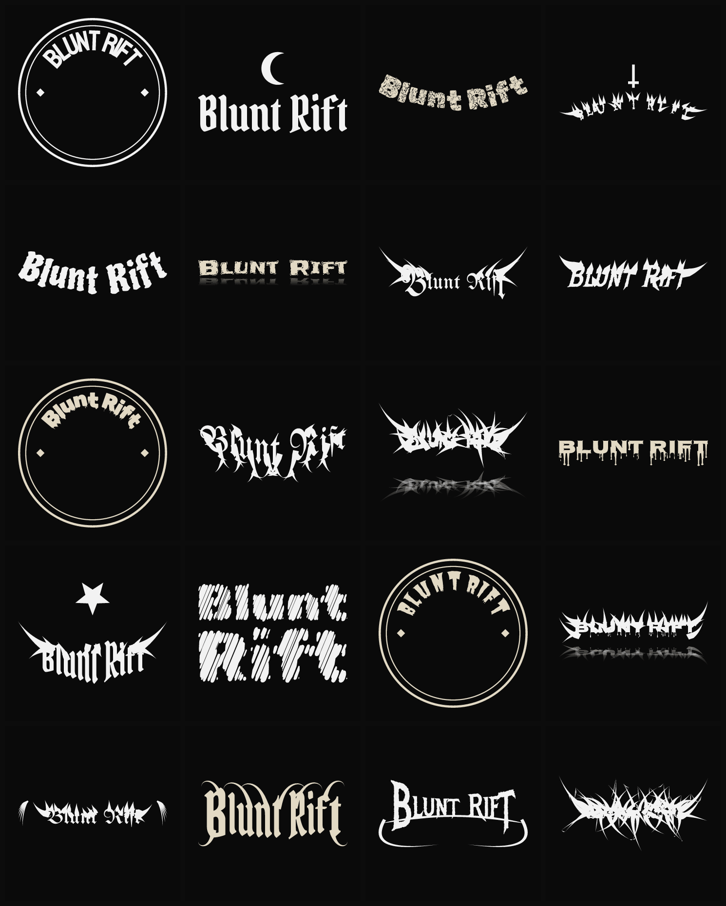 Twenty Blunt Rift band logo ideas — different faces, treatments and spike settings