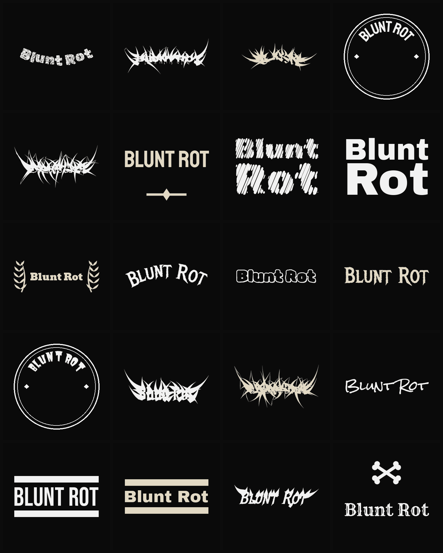Twenty Blunt Rot band logo ideas — different faces, treatments and spike settings