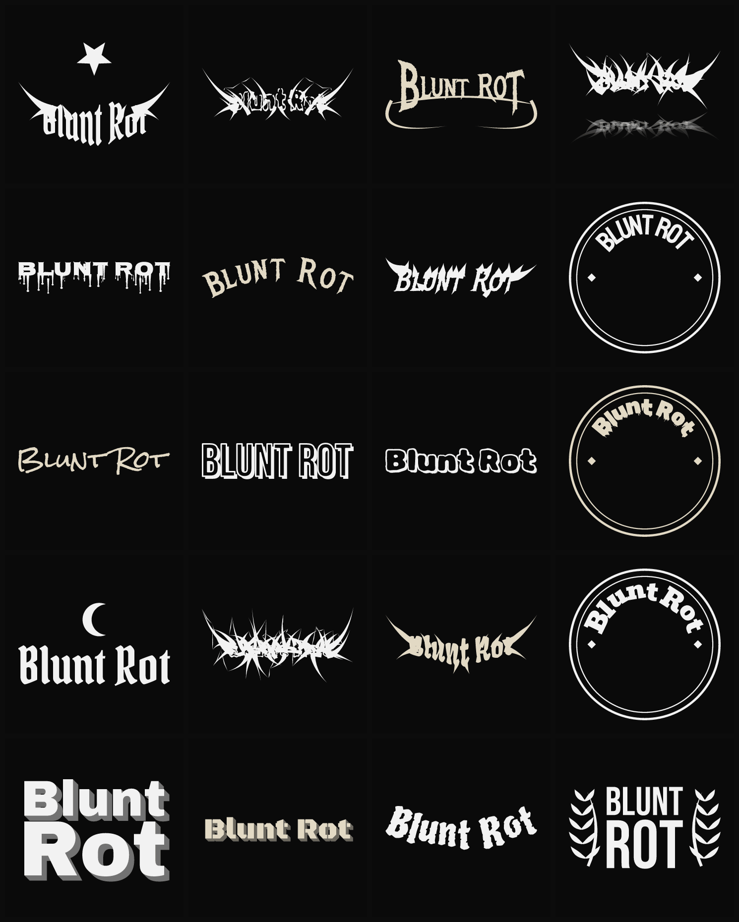 Twenty Blunt Rot band logo ideas — different faces, treatments and spike settings