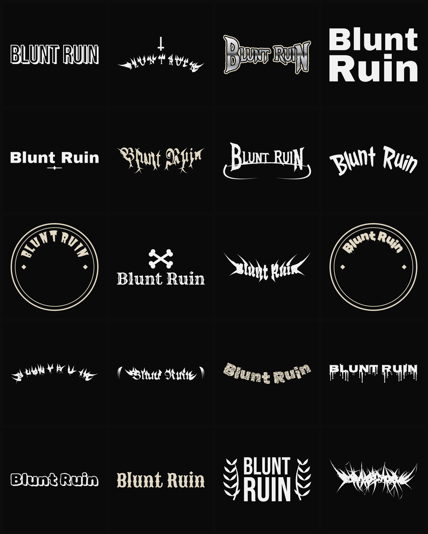 Twenty Blunt Ruin band logo ideas — different faces, treatments and spike settings