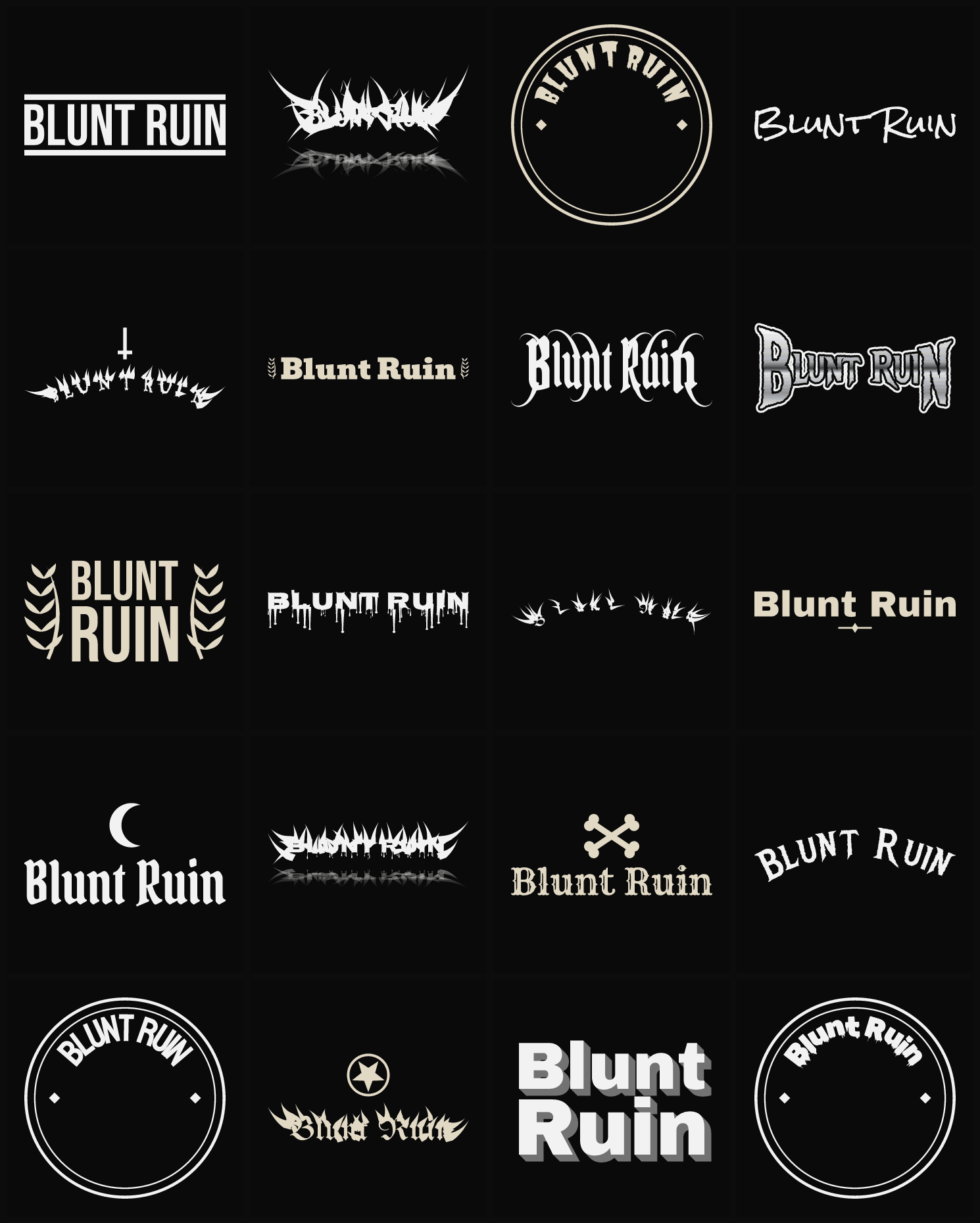 Twenty Blunt Ruin band logo ideas — different faces, treatments and spike settings