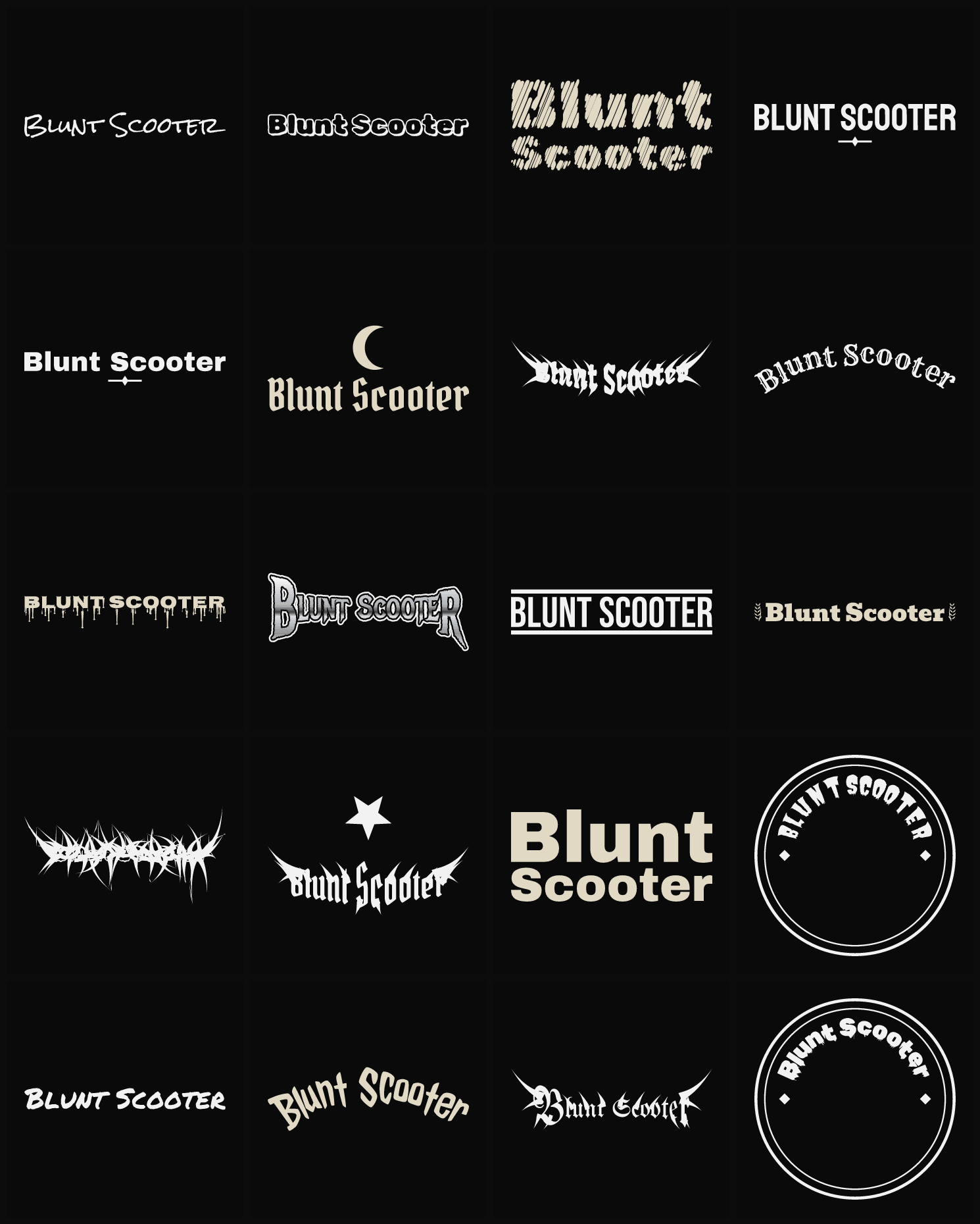 Twenty Blunt Scooter band logo ideas — different faces, treatments and spike settings