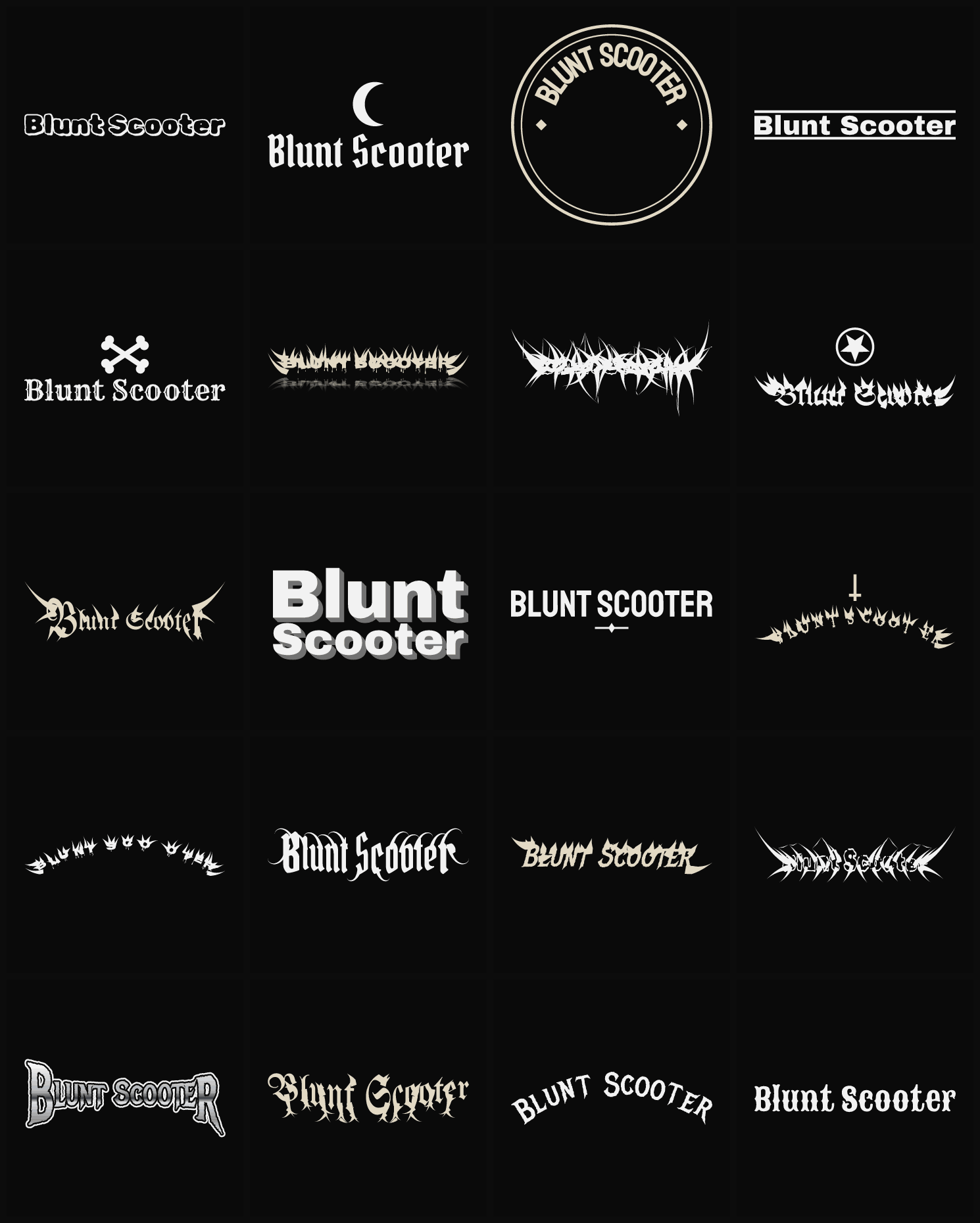 Twenty Blunt Scooter band logo ideas — different faces, treatments and spike settings
