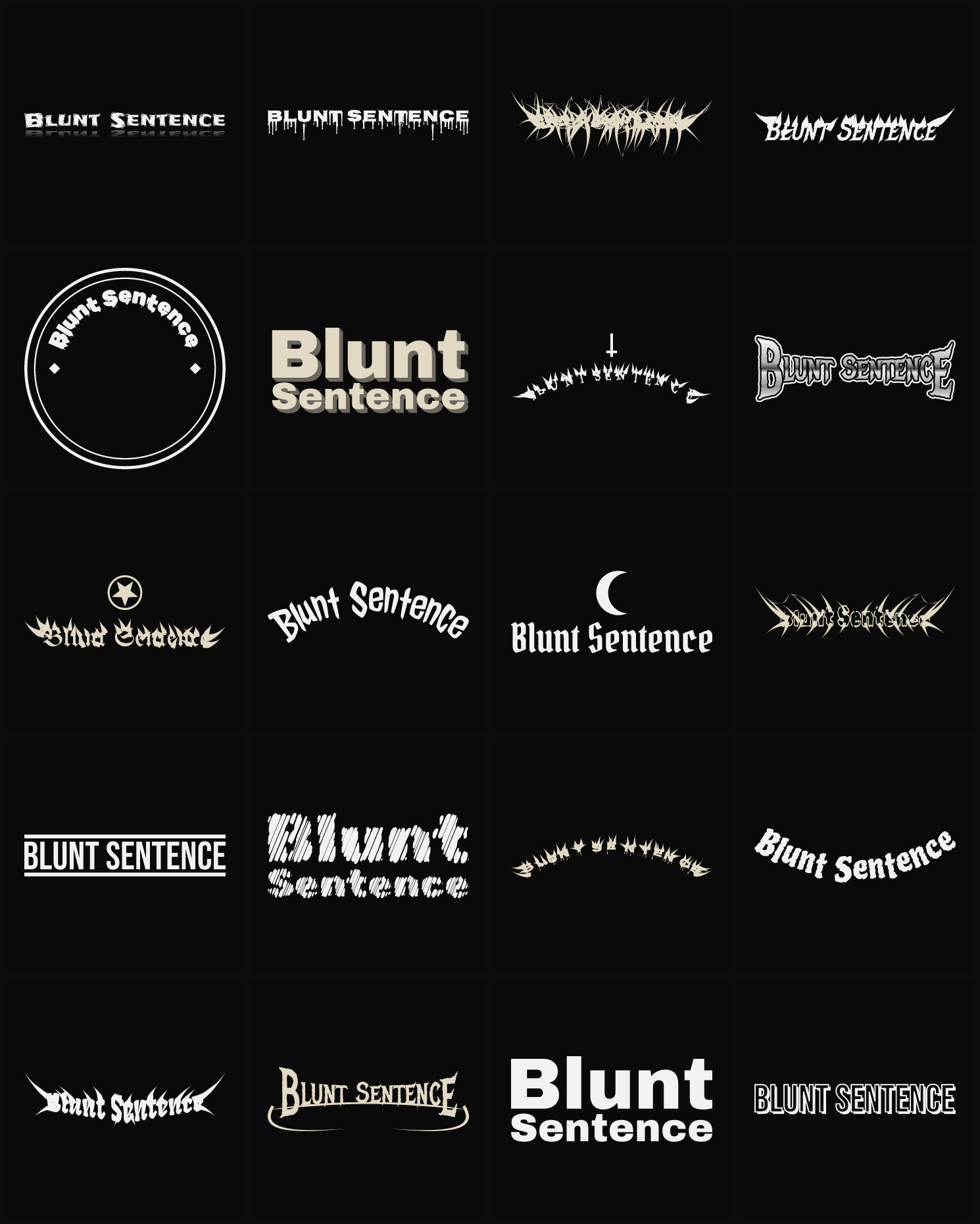 Twenty Blunt Sentence band logo ideas — different faces, treatments and spike settings