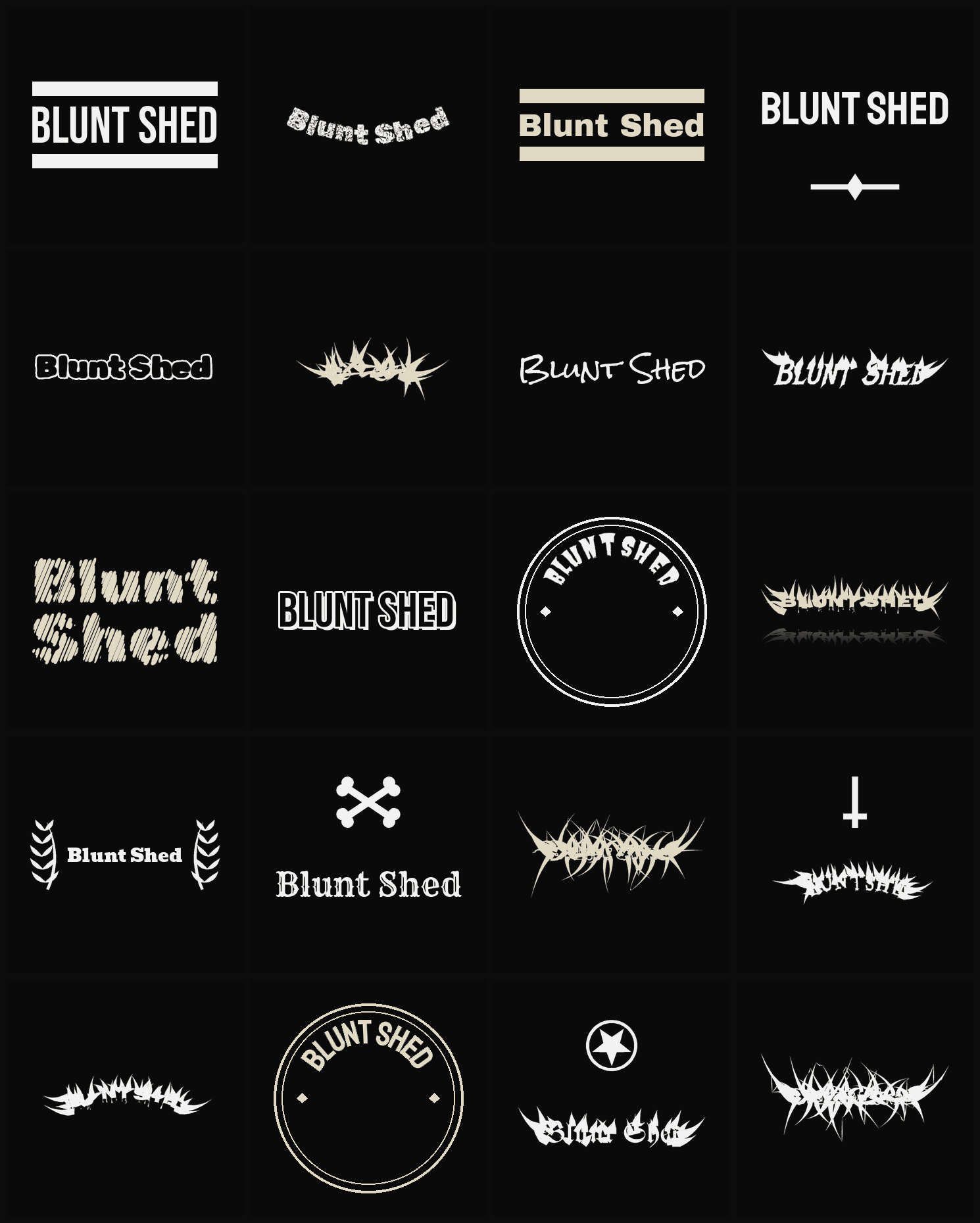 Twenty Blunt Shed band logo ideas — different faces, treatments and spike settings