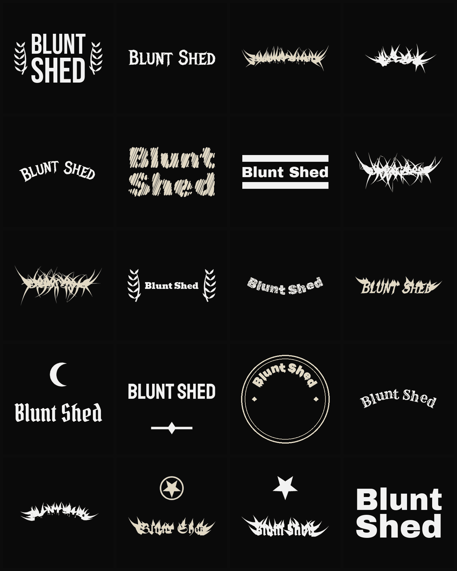 Twenty Blunt Shed band logo ideas — different faces, treatments and spike settings
