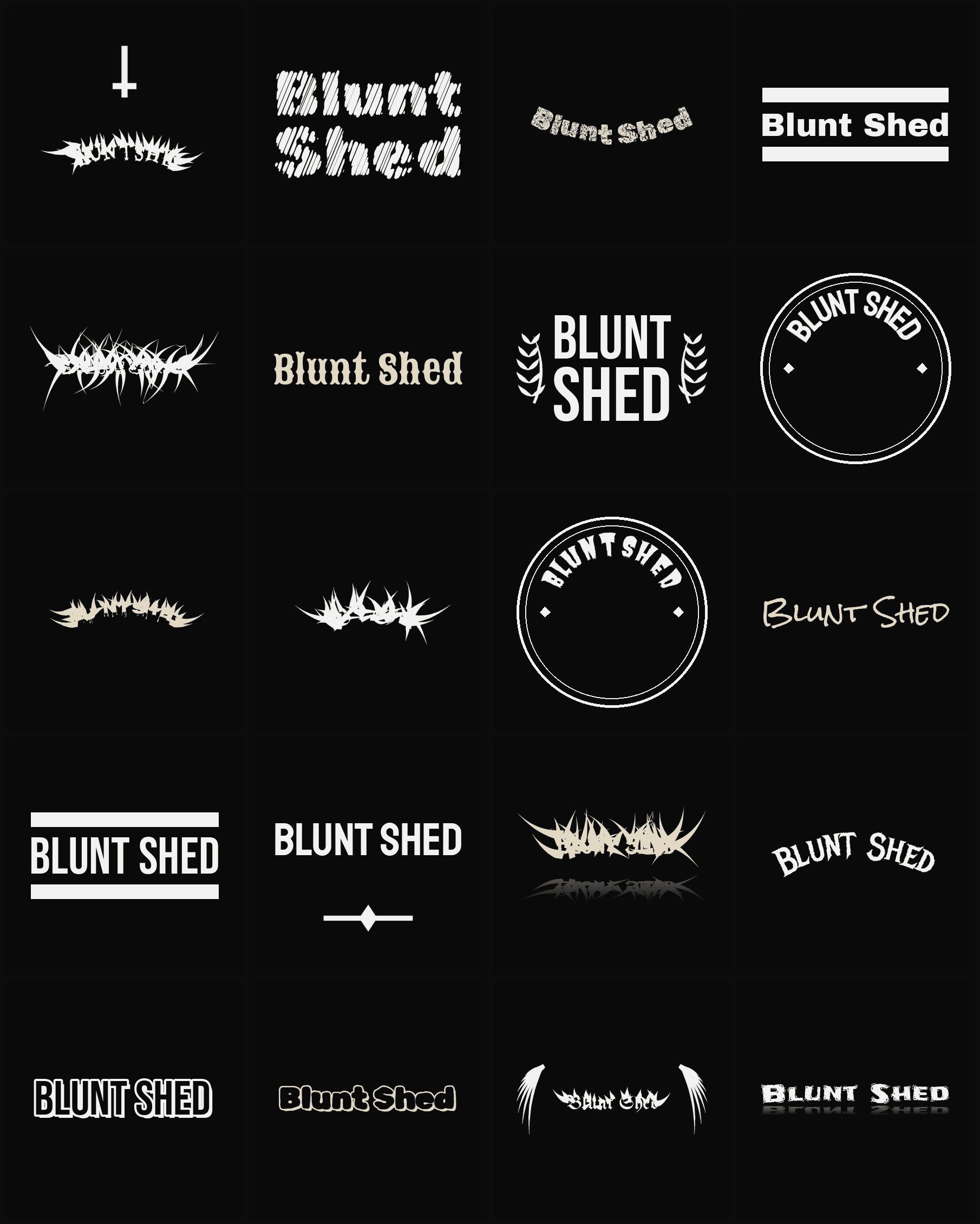 Twenty Blunt Shed band logo ideas — different faces, treatments and spike settings
